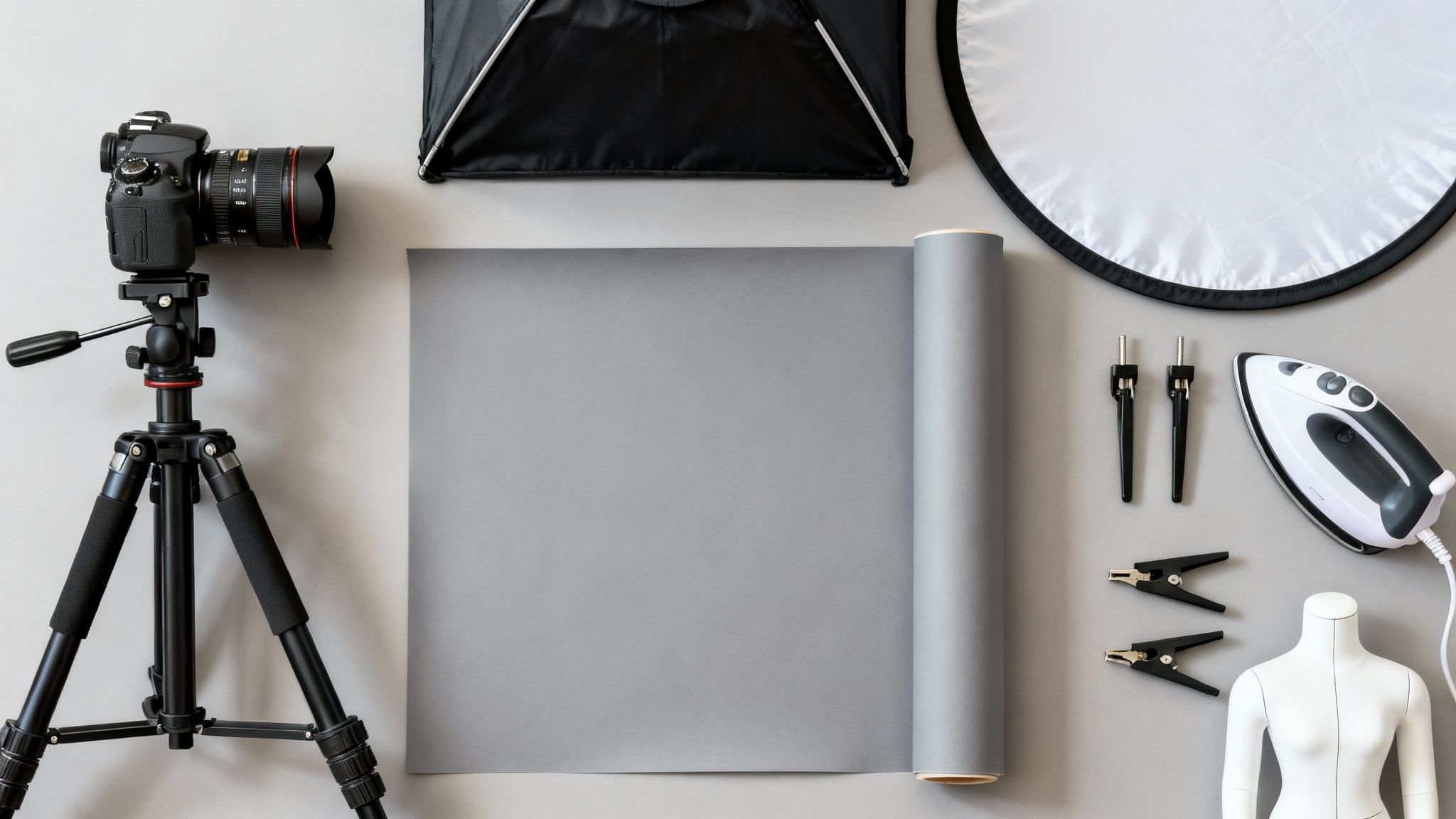 Flat lay of product photography essentials: DSLR camera, tripod, softbox, reflector, backdrop, and mannequin.