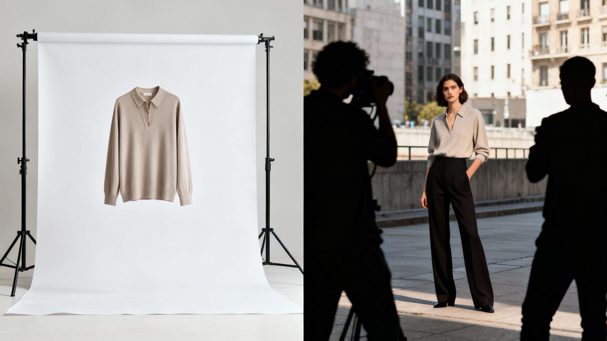 A comparison of a studio product photoshoot for a beige shirt and an outdoor model fashion shoot.