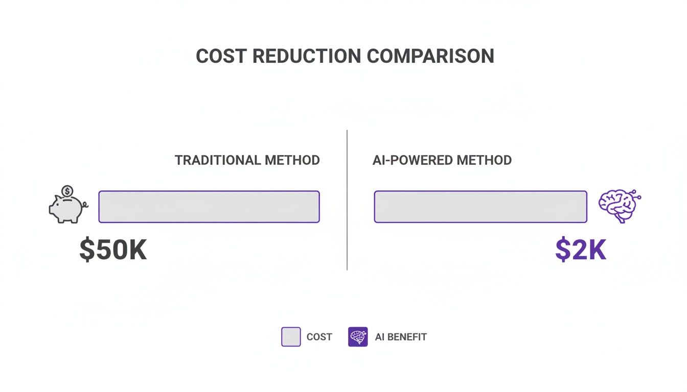 Cost reduction comparison showing traditional method at $50K and AI-powered method at $2K.