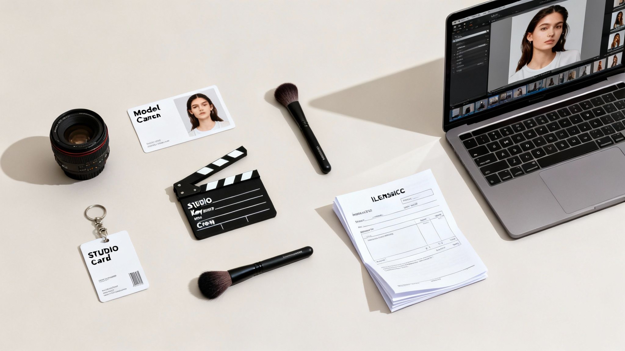 Flat lay of photoshoot essentials: camera lens, model ID, clapperboard, makeup brushes, and a laptop.