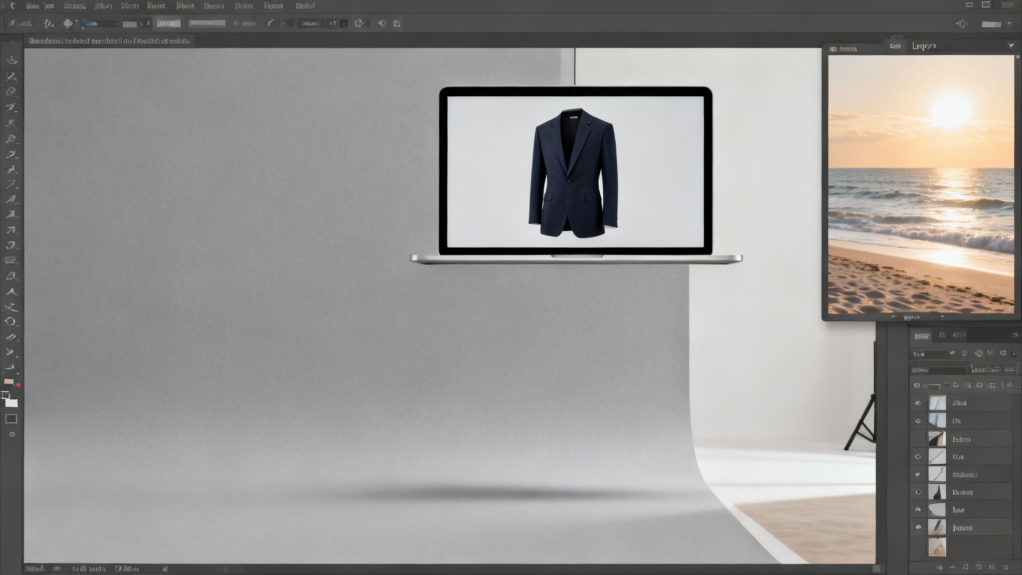 A digital workspace featuring Photoshop with a laptop showing a suit and a beach background image.