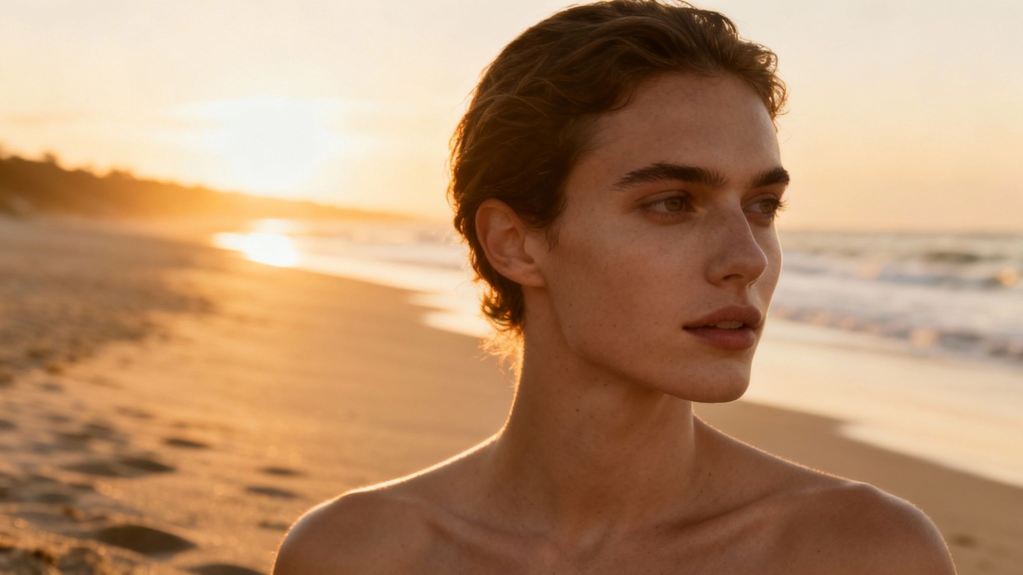 A person with wavy hair on a beach at sunset, bathed in warm golden light.