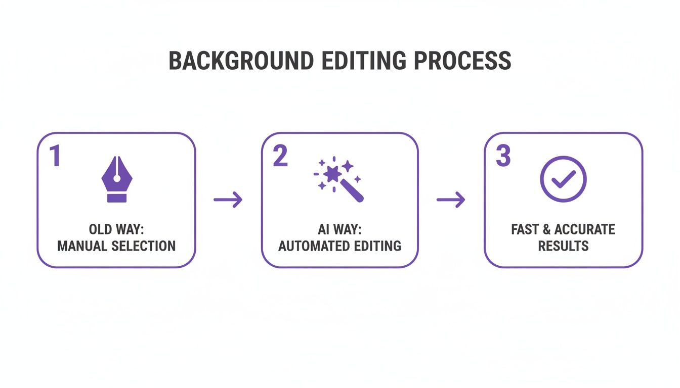 A 3-step process illustrates background editing: manual selection, AI automated editing, leading to fast and accurate results.