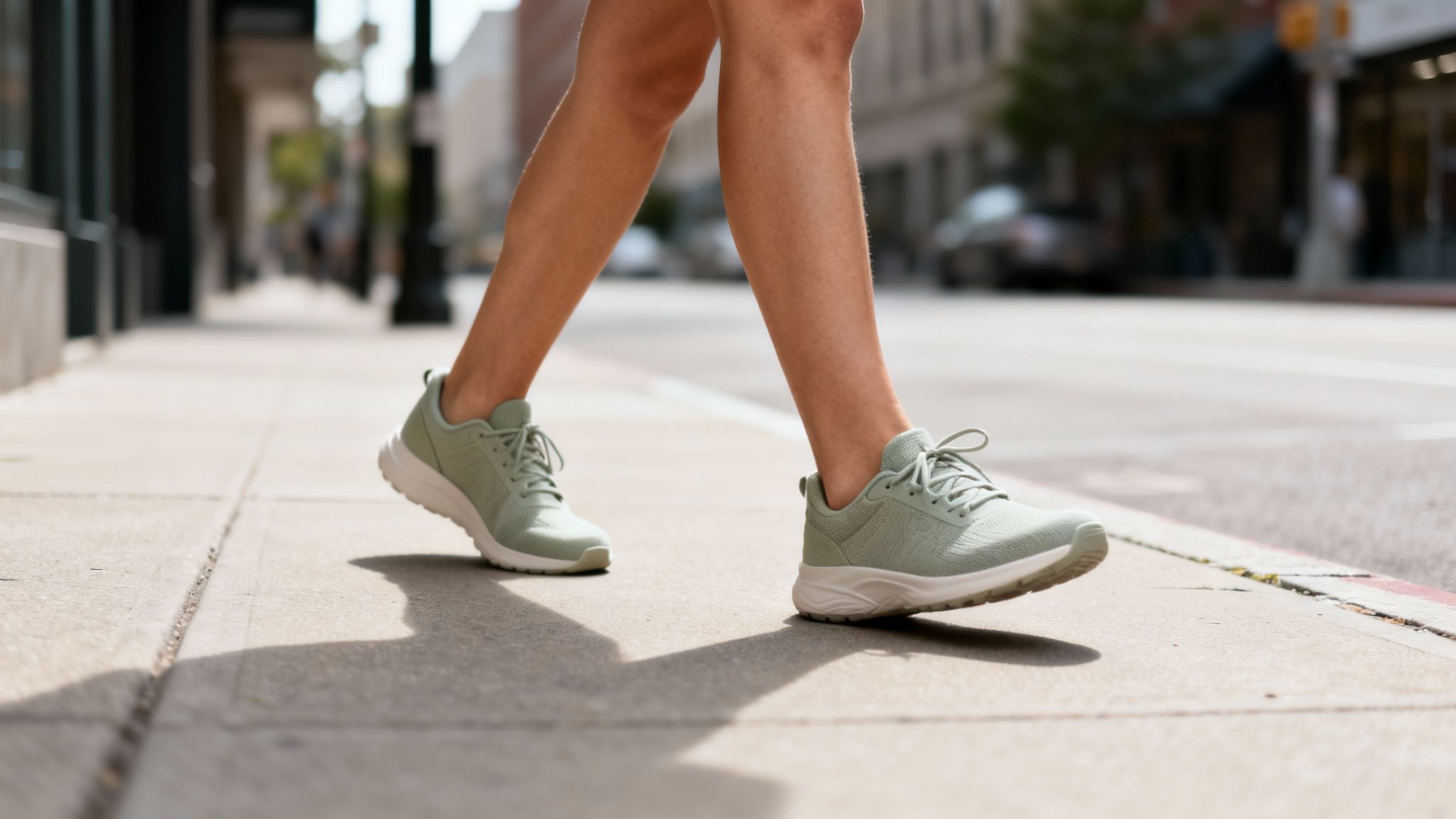 Close-up of a person's legs walking on a city sidewalk wearing light green sneakers on a sunny day.