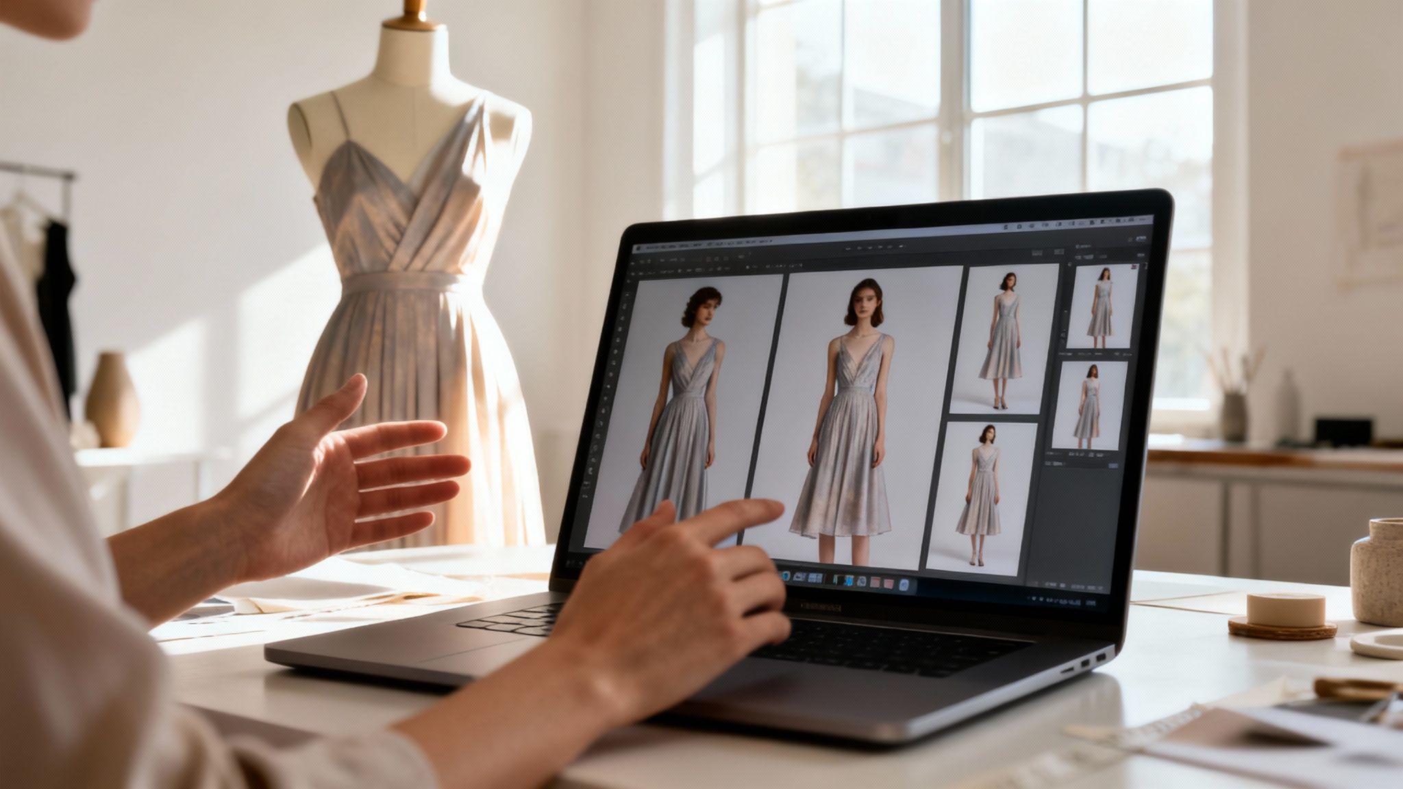 A person reviewing product photography of elegant dresses on a laptop in a new York style studio.