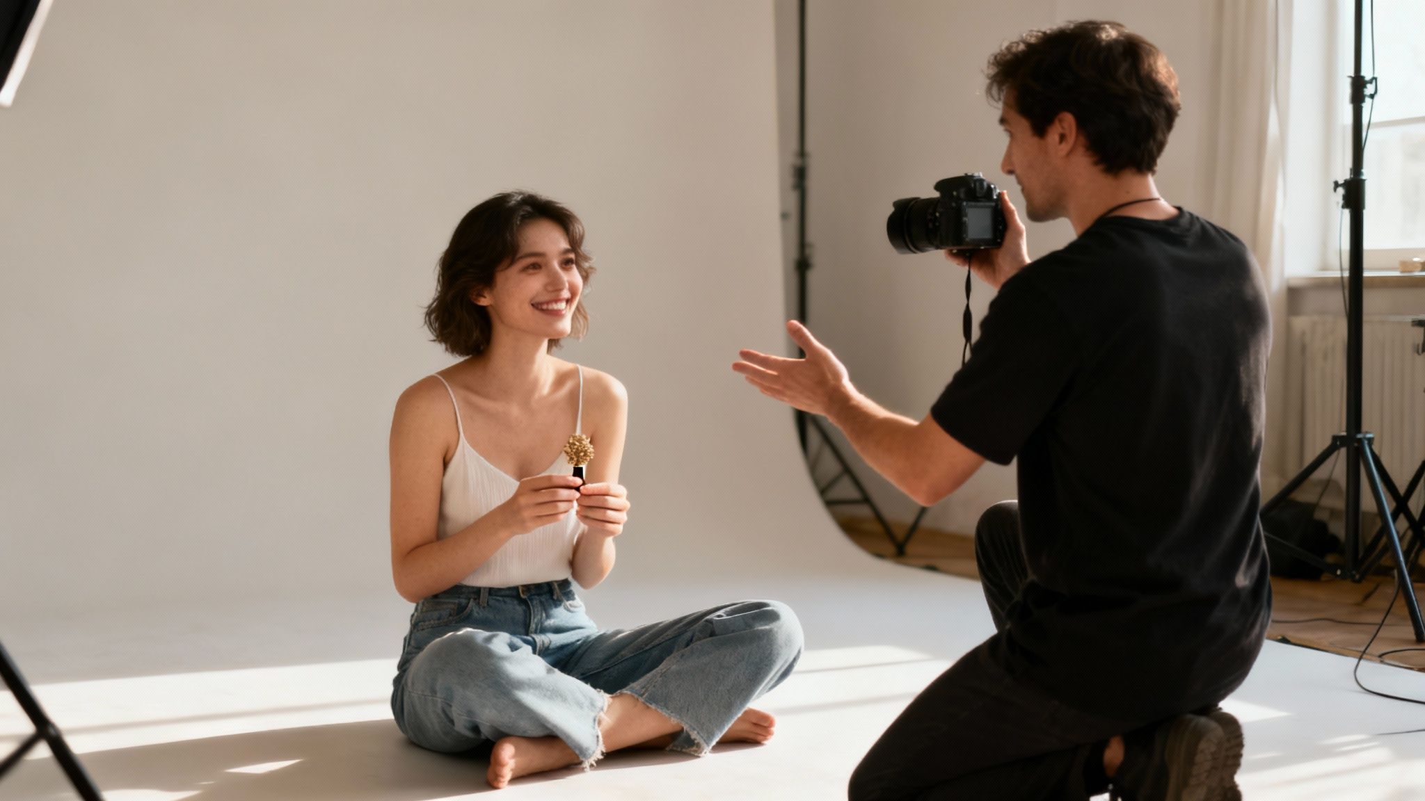 A male photographer kneels, capturing a smiling female model holding a small decorative item in a studio.