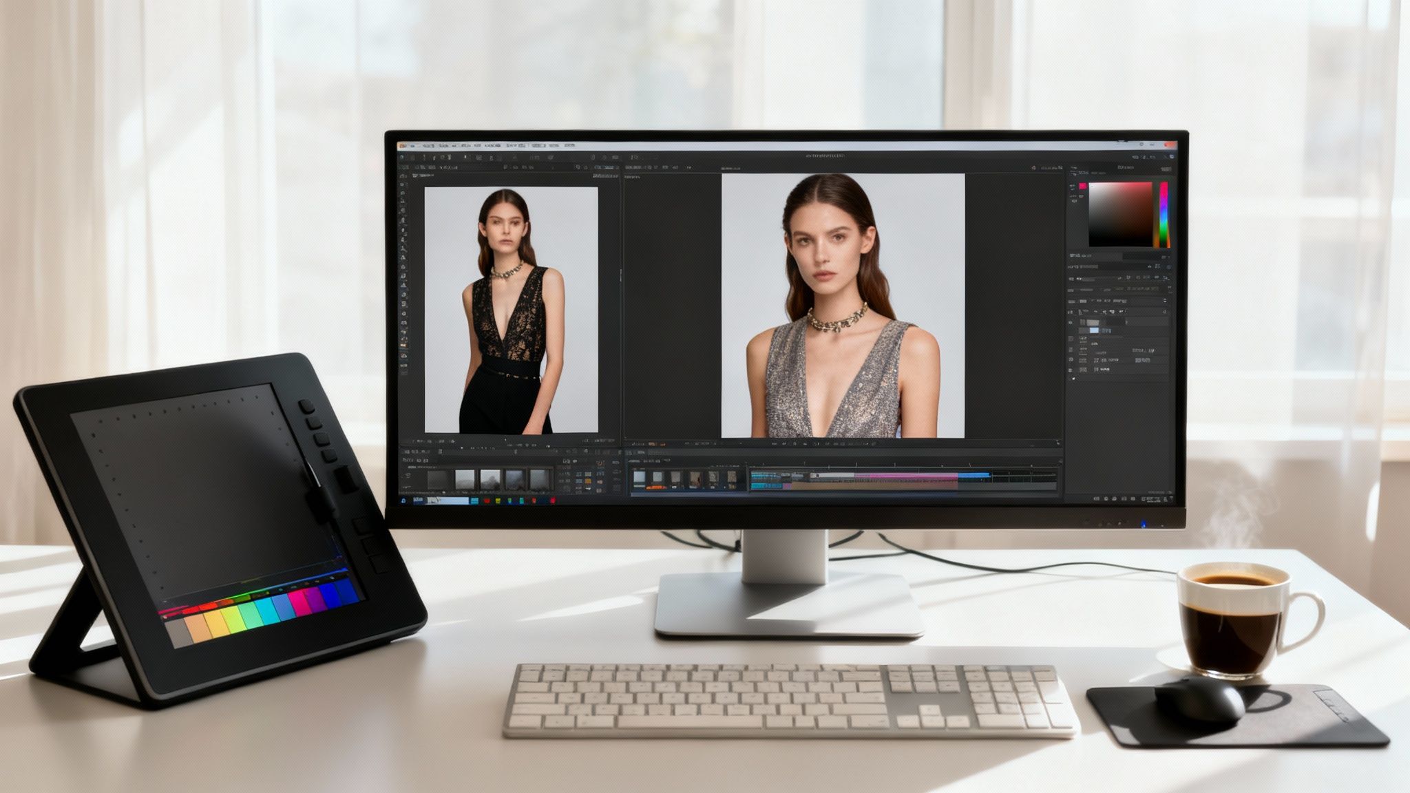 A bright professional workspace showing a monitor with model photo edits, a graphics tablet, keyboard, and coffee.