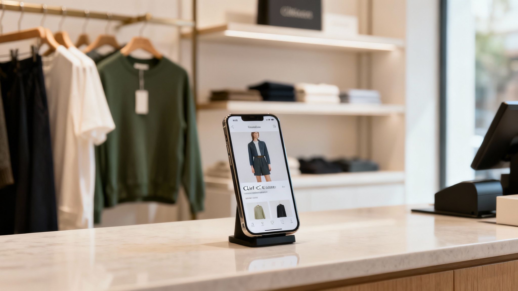 Smartphone displaying a clothing item on a website within a modern retail store.