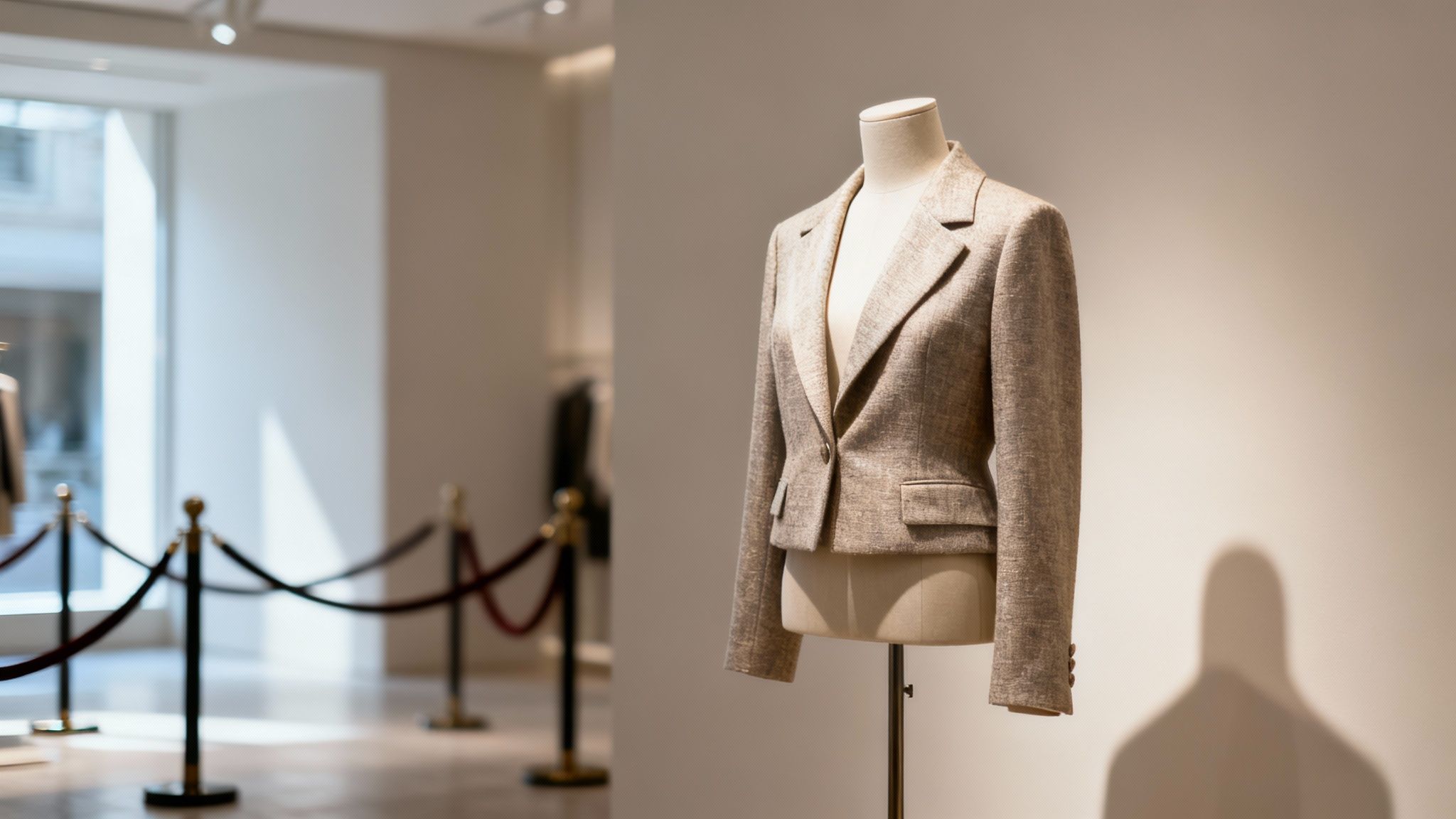 A stylish beige blazer displayed on a mannequin in a modern, elegant fashion boutique.