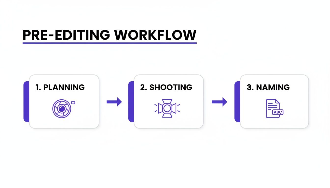 Visual workflow illustrating pre-editing steps: planning, shooting, and naming of media files.