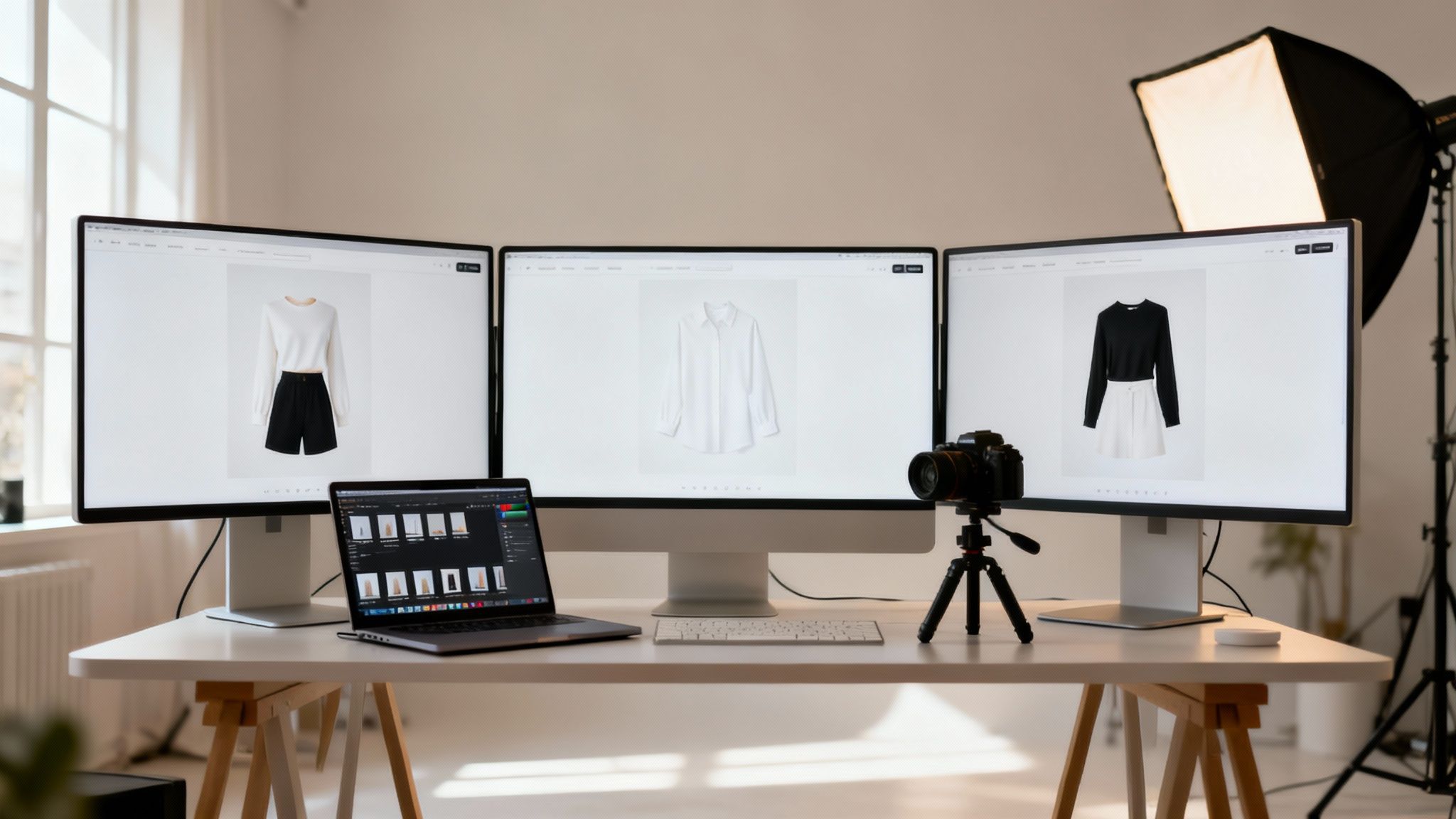 Professional e-commerce photo editing workspace with multiple monitors displaying clothing images, laptop, and camera setup.