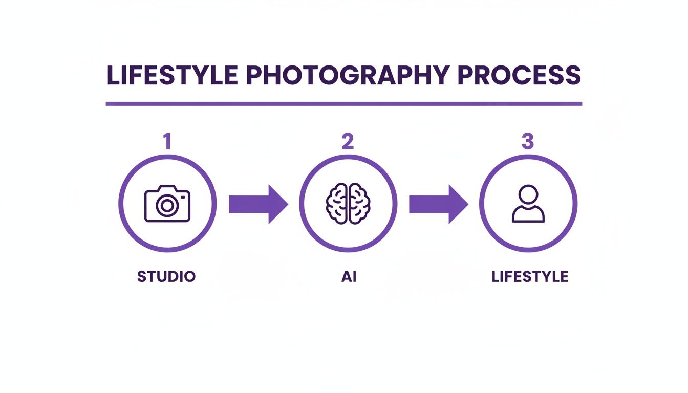 A diagram illustrating the lifestyle photography process, moving from studio setup to AI processing and final lifestyle images.