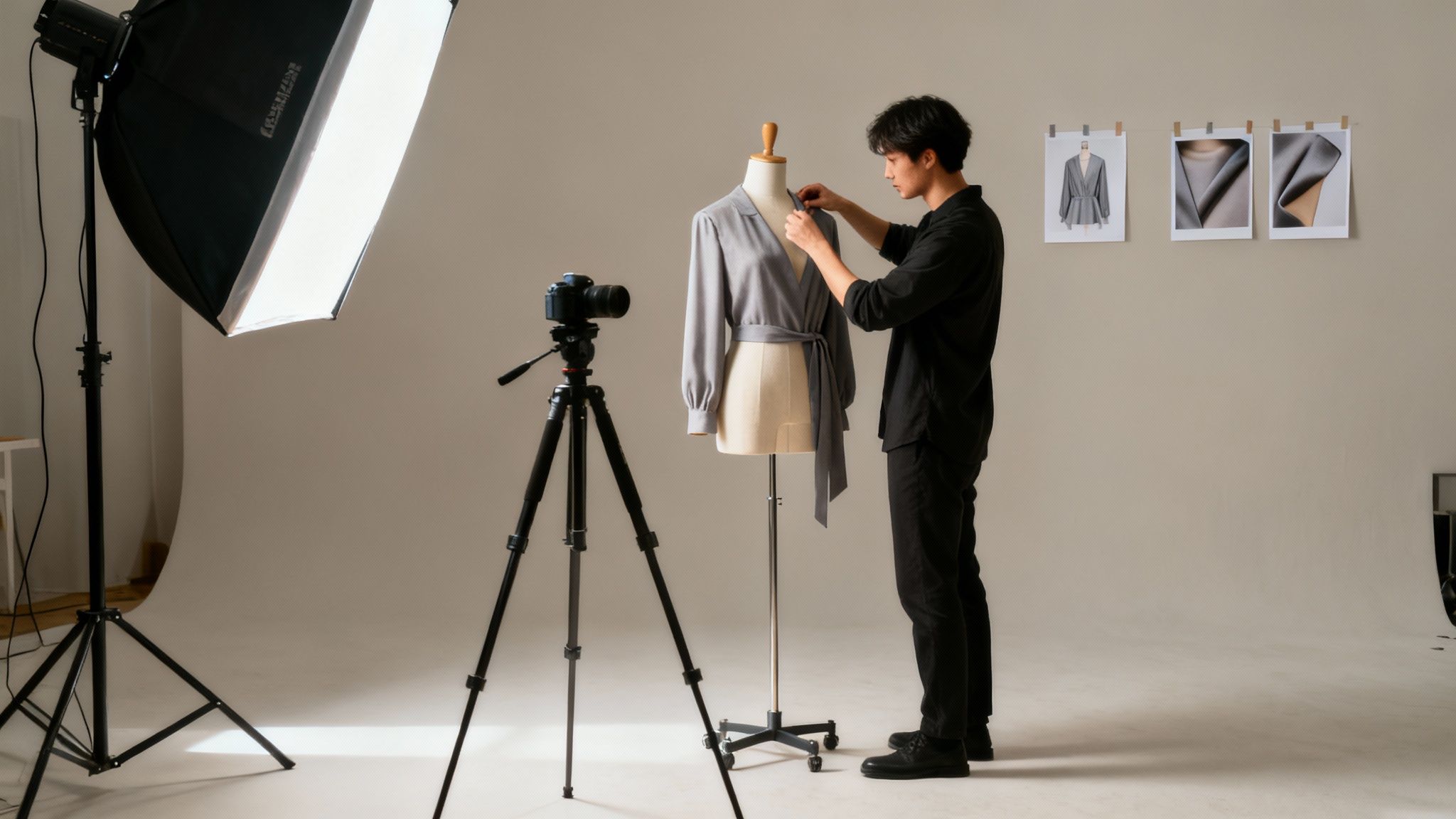 A fashion stylist adjusts a grey blouse on a mannequin during an Amazon product photoshoot in a studio.