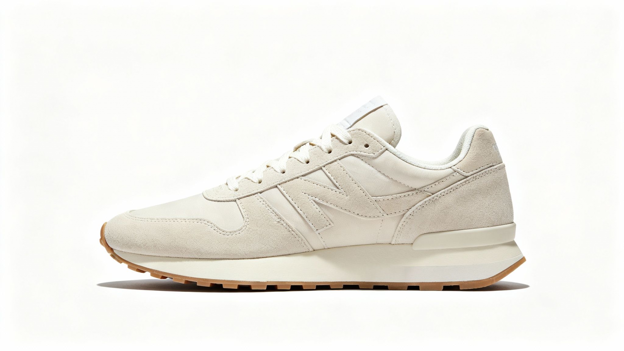 A cream-colored New Balance sneaker with a brown gum sole on a clean white background.