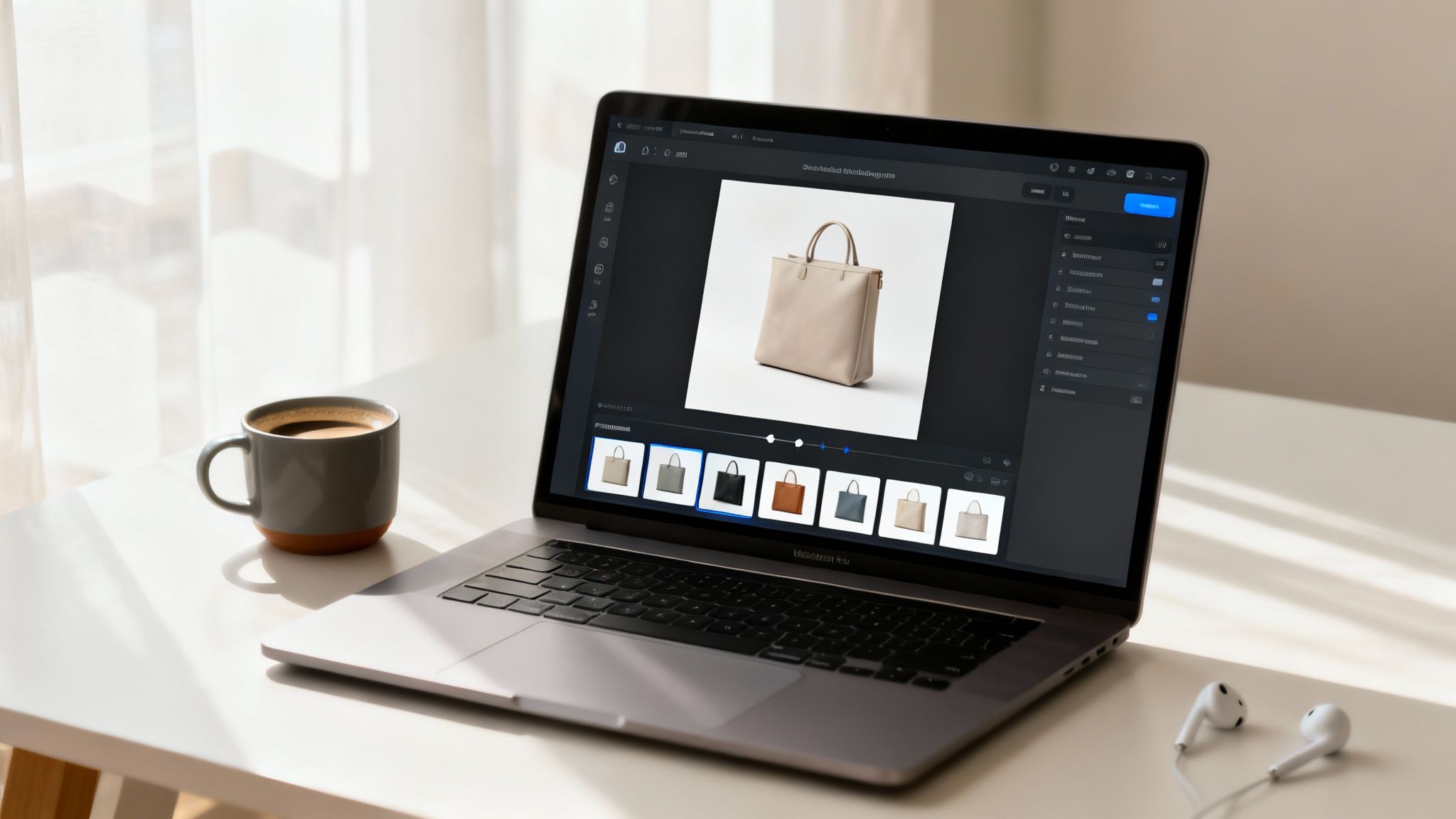 Laptop displaying a product page for a beige handbag, with a coffee mug and earphones on a sunlit desk.
