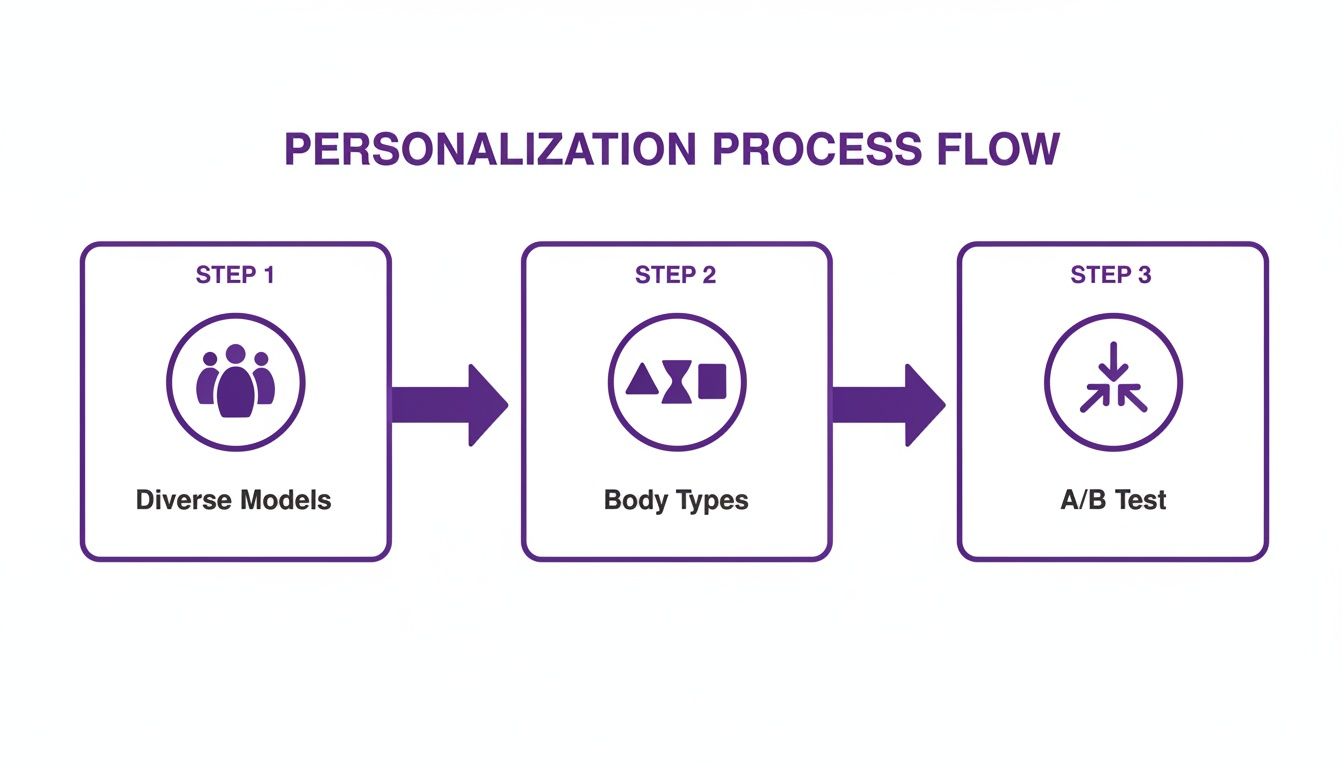A personalization process flow with three steps: diverse models, body types, and A/B testing.