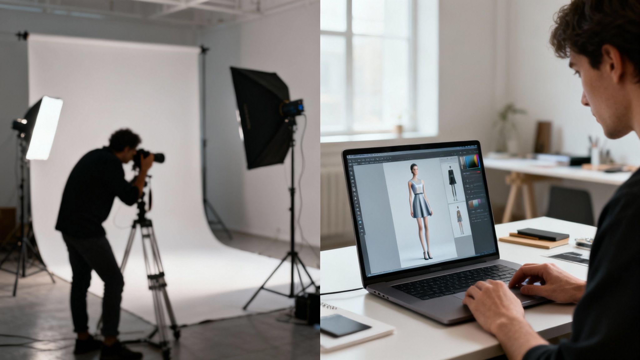 A split image showing a blurred photographer in a studio and a person designing a 3D fashion model on a laptop.