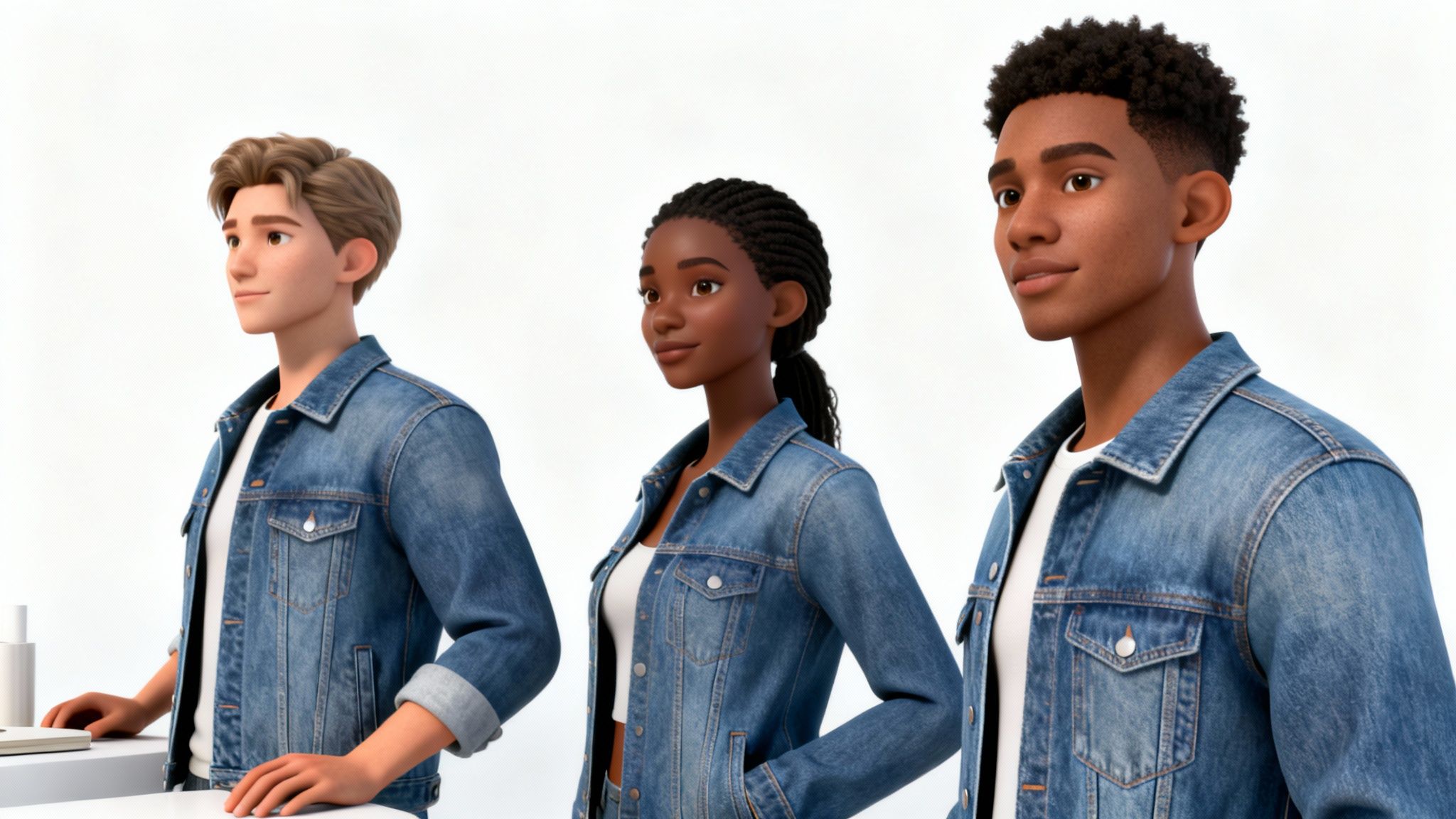 Three diverse animated characters, two males and one female, wearing stylish denim jackets and white shirts.