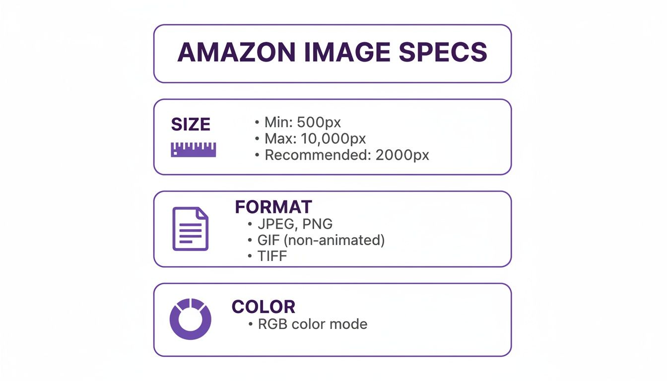 Amazon image specifications detailing size, format, and color requirements for product listings.