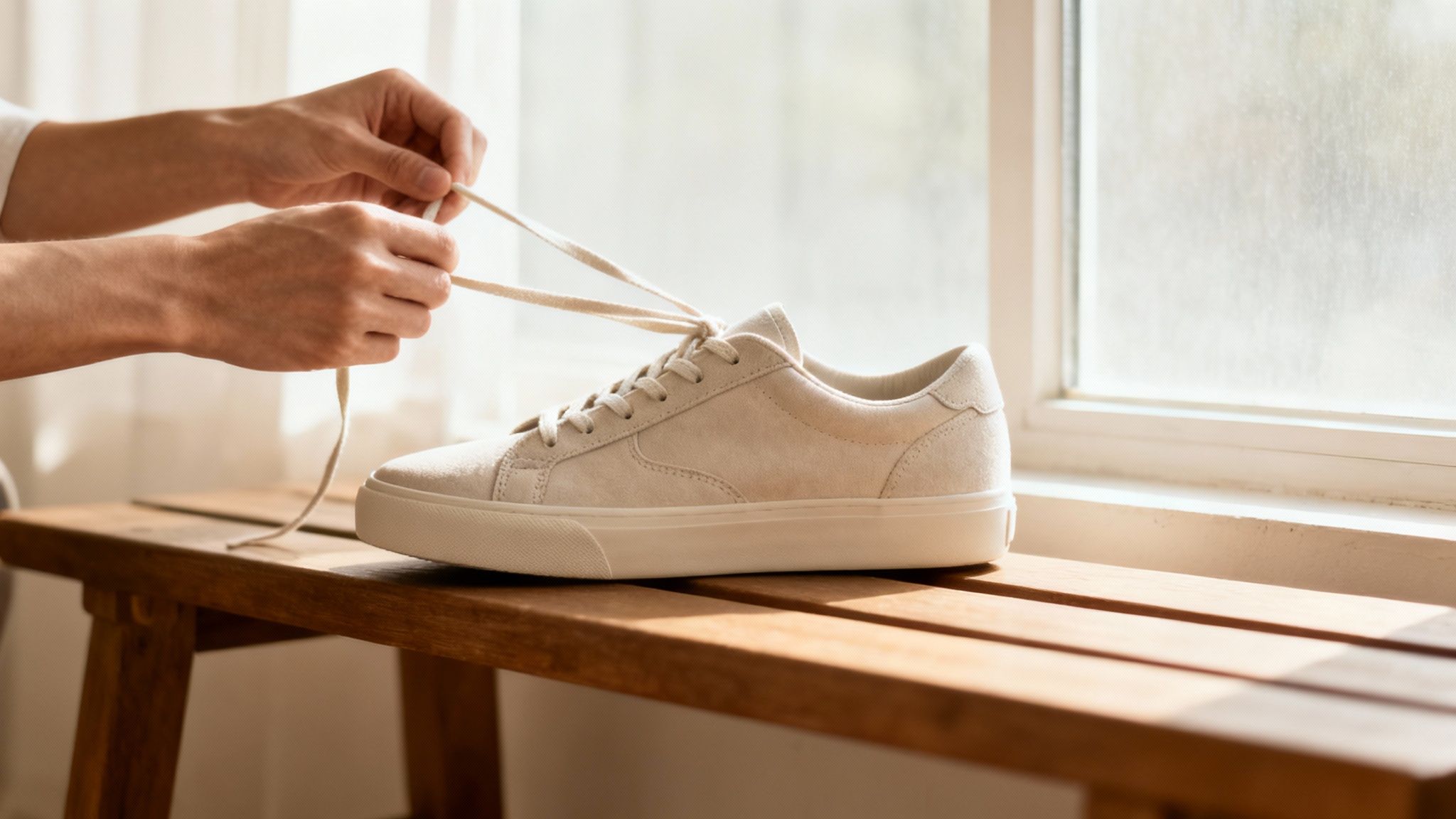 Close-up of hands tying shoelaces on a beige sneaker placed on a wooden bench by a window.