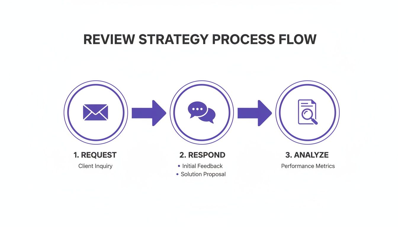 A three-step review strategy process flow diagram with Request, Respond, and Analyze stages.