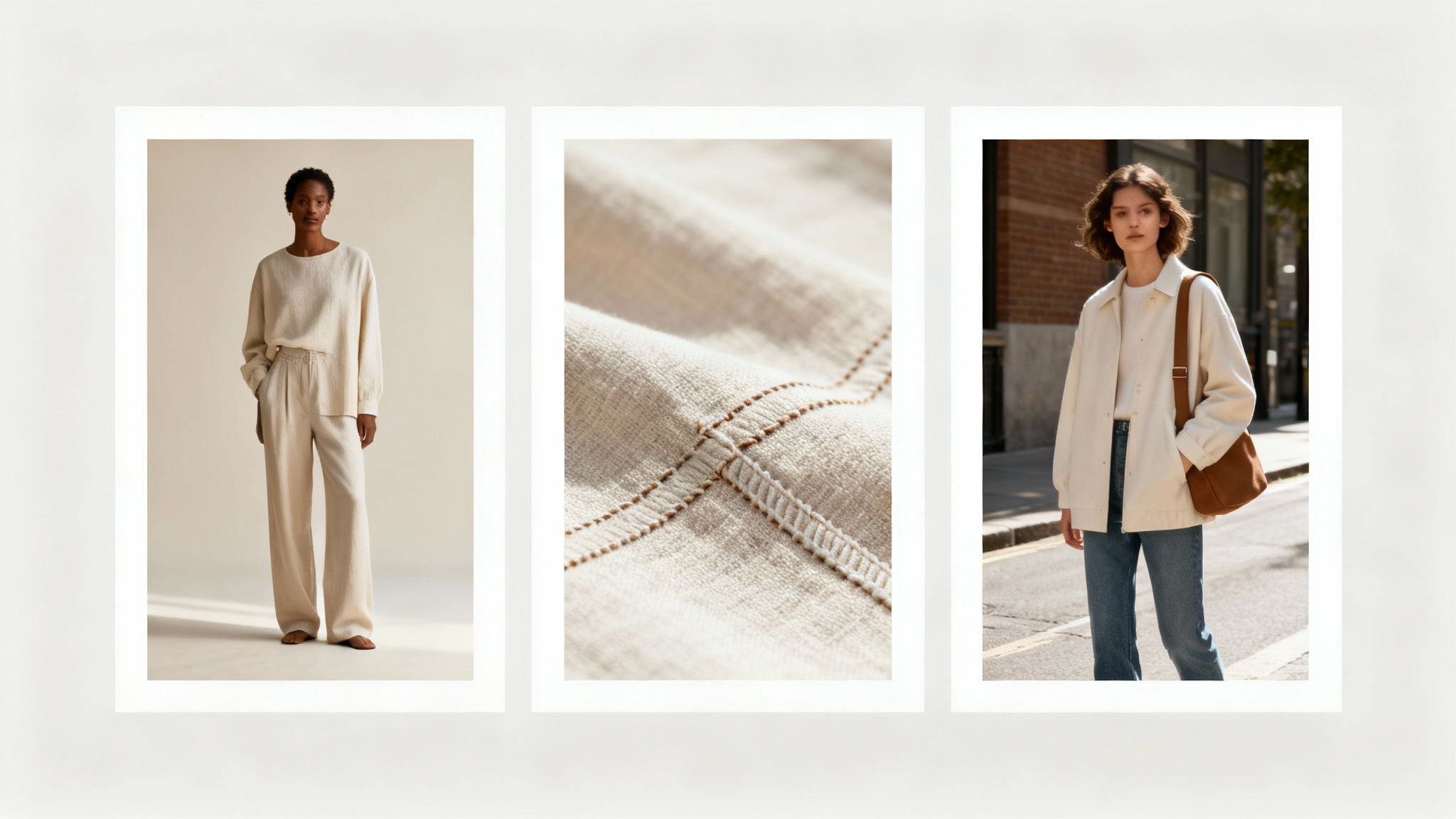 A triptych of minimalist fashion images featuring relaxed linen outfits and detailed fabric texture.
