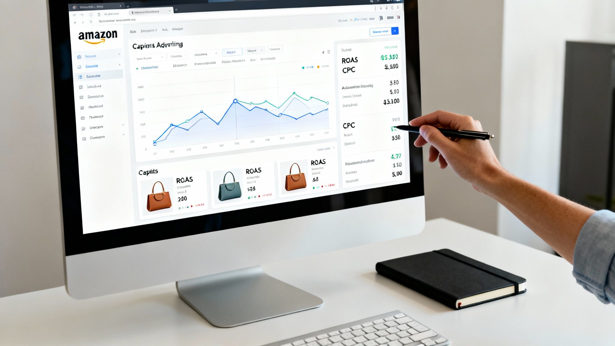 Person pointing at a computer screen displaying Amazon advertising analytics with graphs and product data.