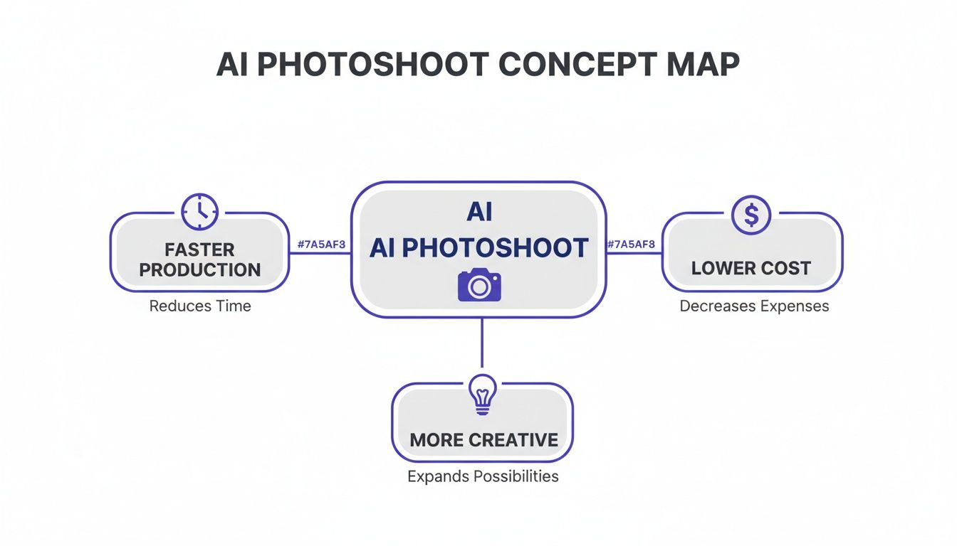 A concept map illustrates the benefits of AI photoshoots, including faster production, lower costs, and increased creativity.