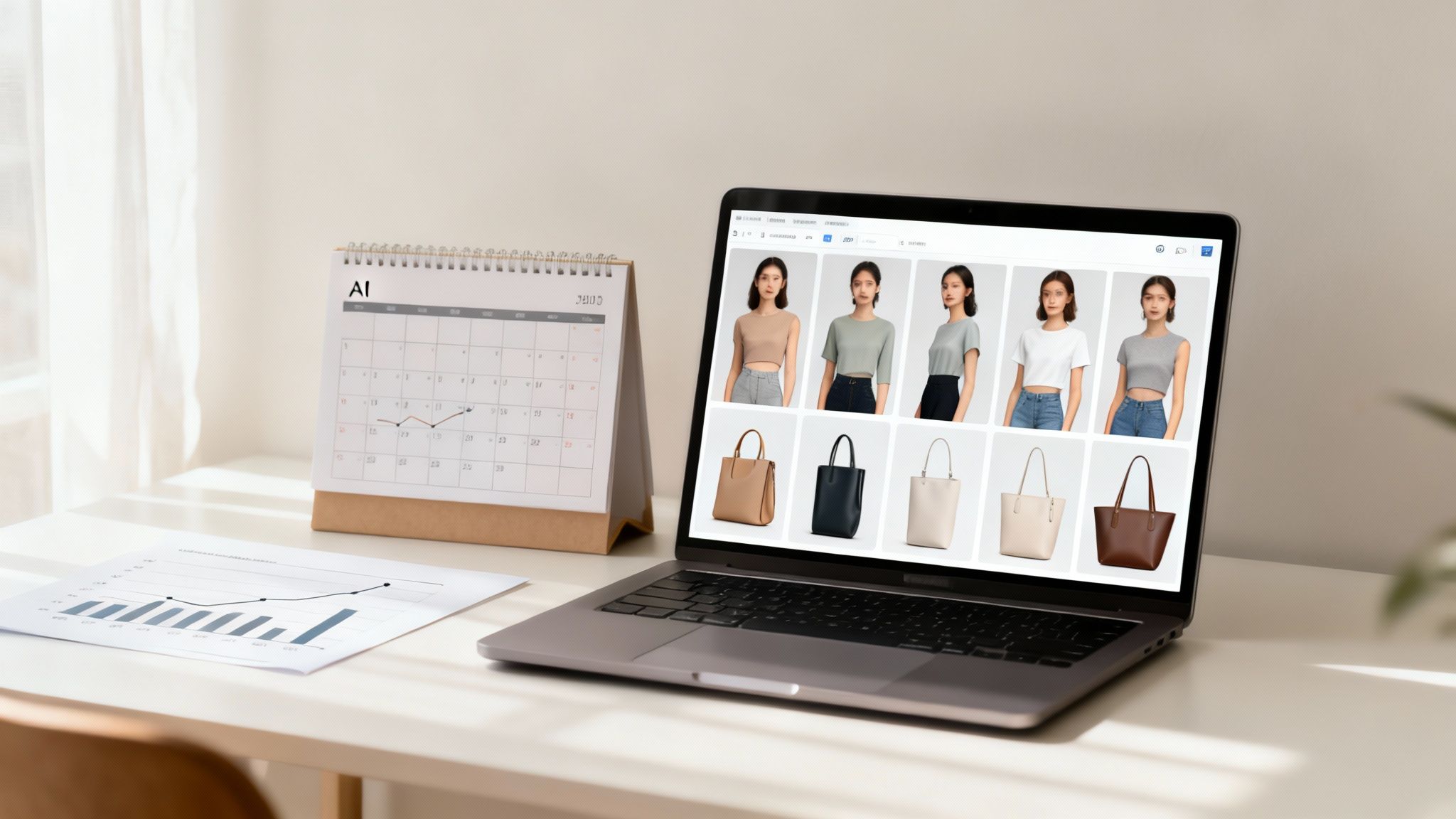Laptop displaying AI product photography of fashion items, calendar, and financial chart on a modern desk.