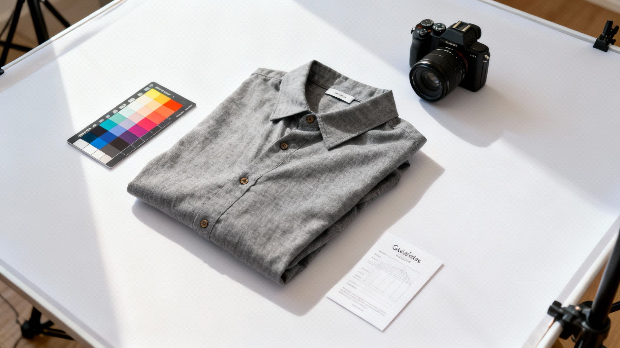 A grey shirt, color checker, and camera are arranged on a white table for product photography.