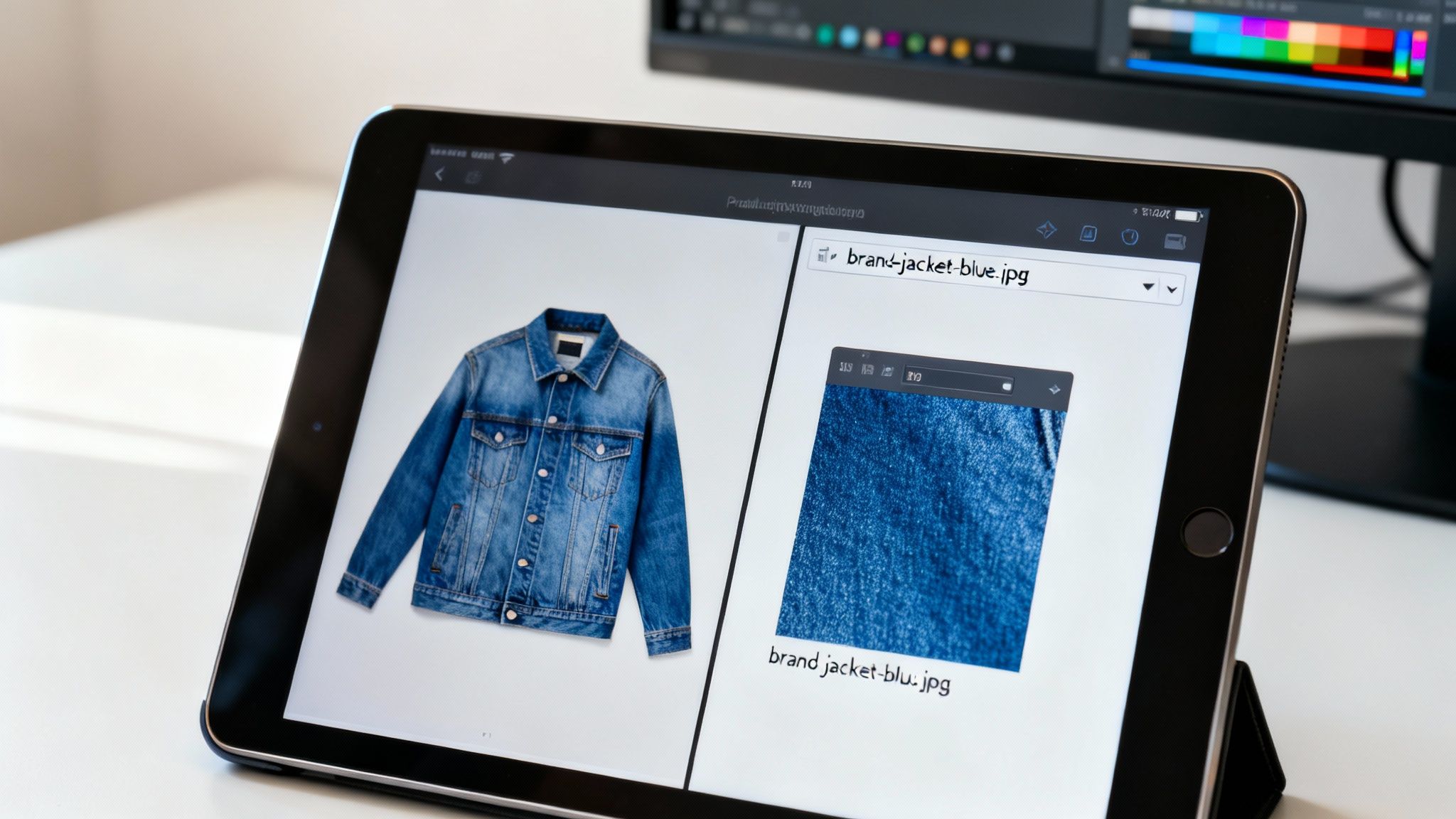 A tablet displays two images of a blue denim jacket, one full and one close-up, on a white desk.
