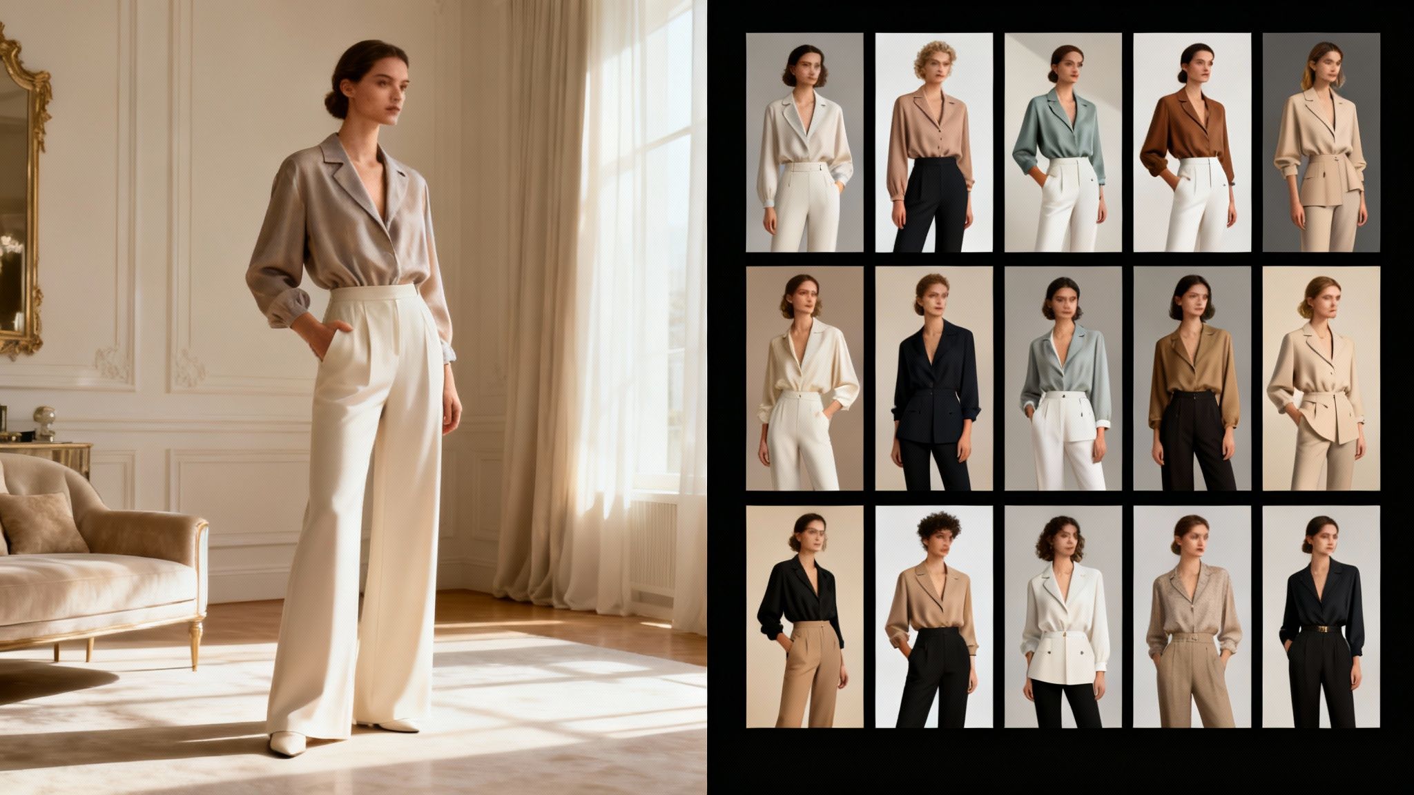 A woman models a light grey satin shirt and high-waisted white wide-leg pants in an elegant room.