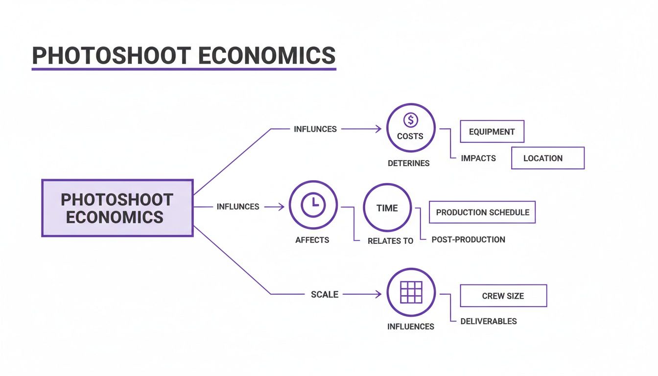 A flowchart illustrating photoshoot economics, breaking down costs, time, and scale.
