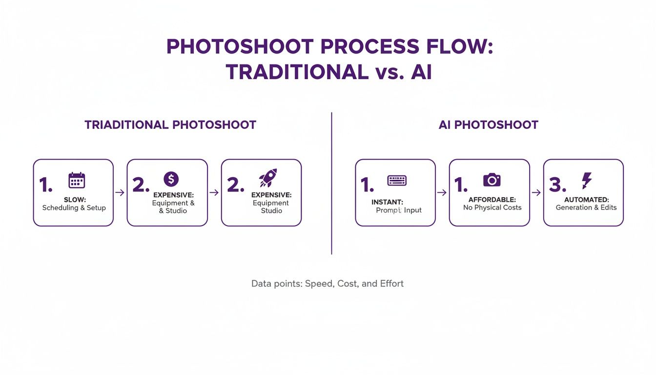 Flowchart comparing traditional and AI photoshoot processes, highlighting speed, cost, and automation benefits of AI.