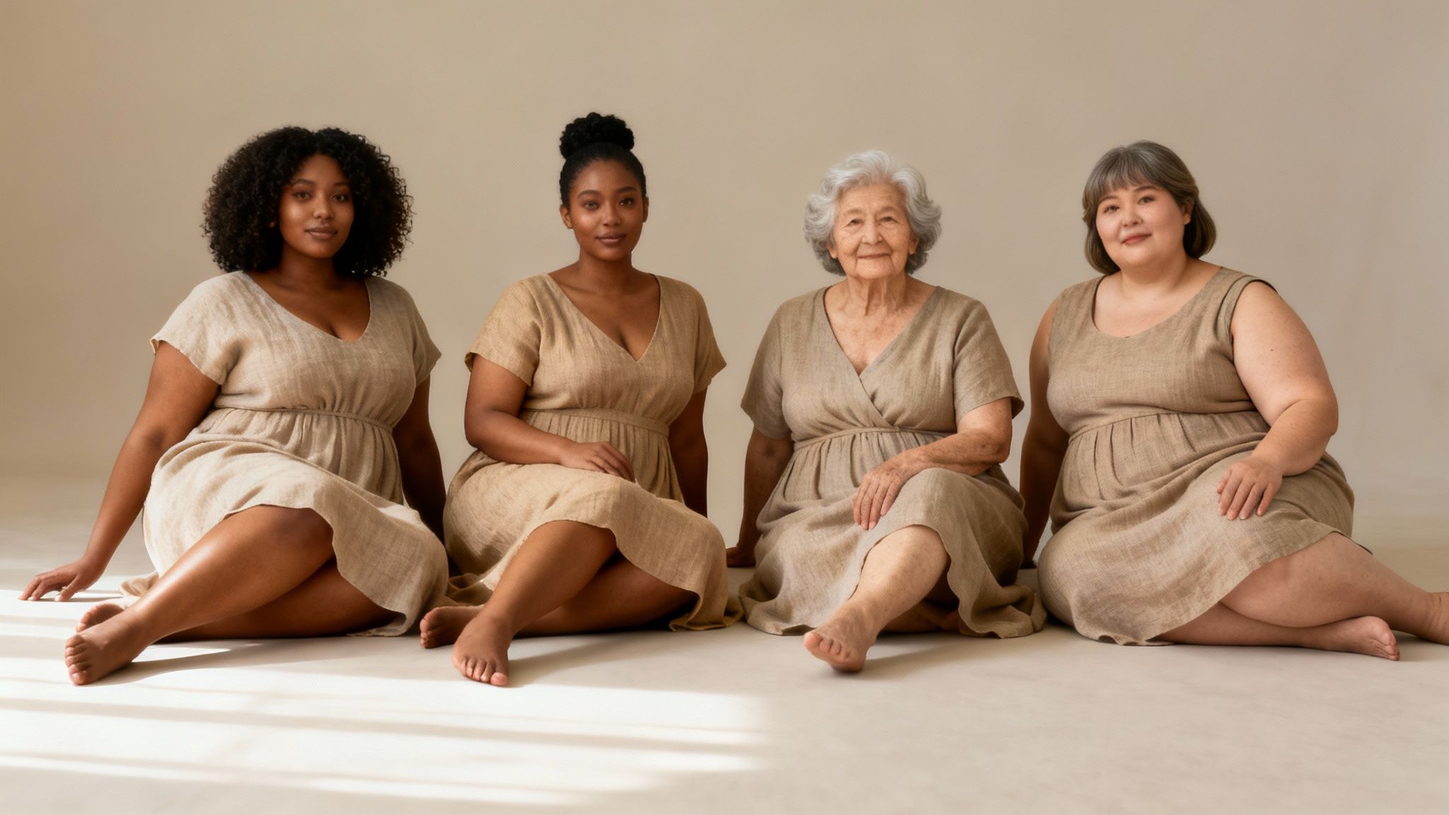 Four diverse women of different ages and body types sitting on the floor in beige dresses.