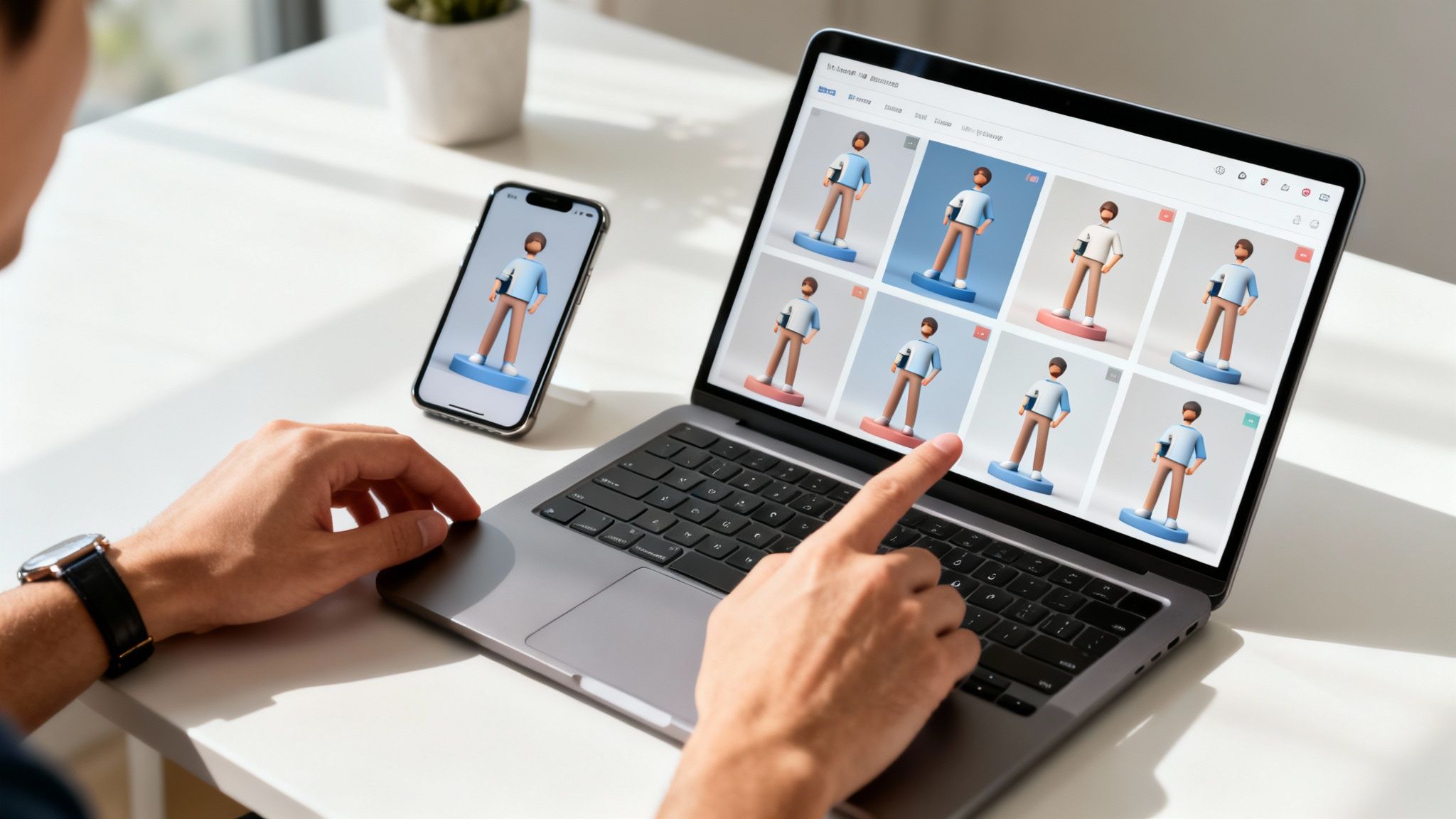 A person browses a grid of 3D AI character models on a laptop and smartphone.