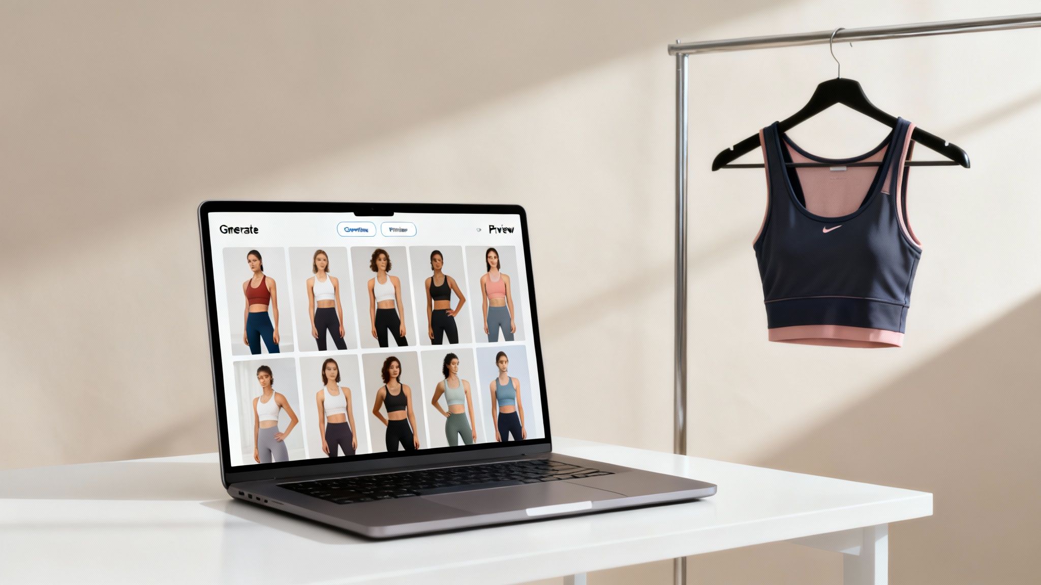 A laptop displays AI-generated fashion models wearing athletic gear, with a real sports bra nearby.