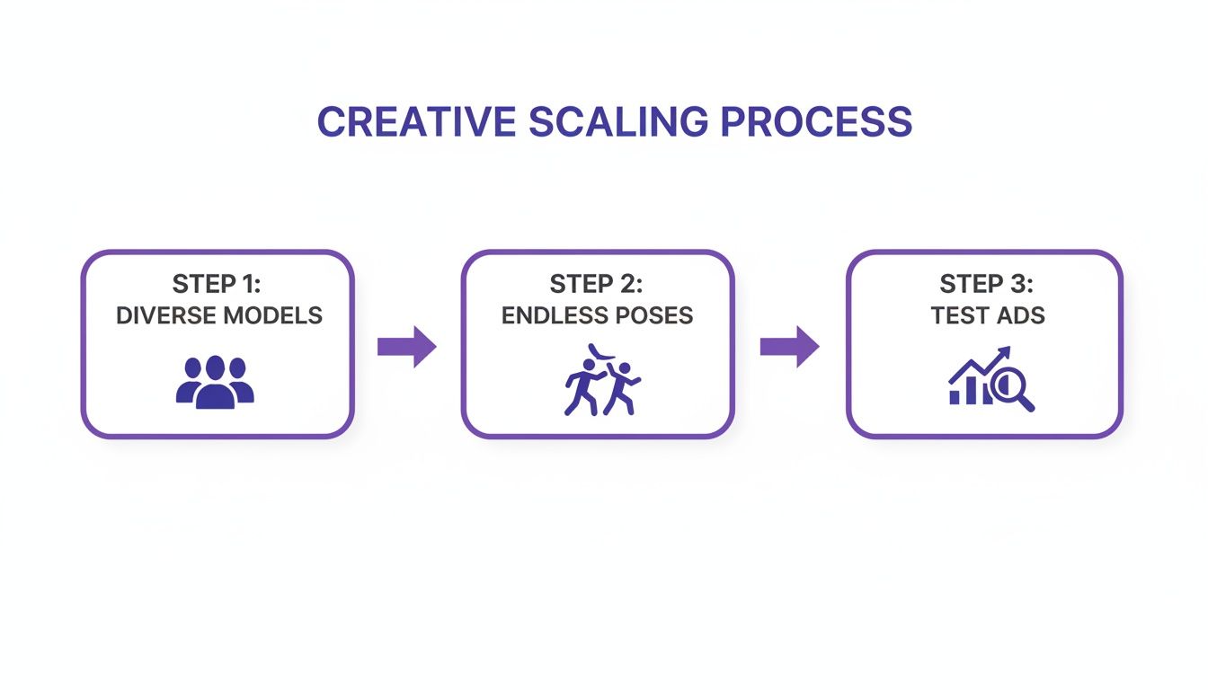 A flowchart illustrates the creative scaling process with steps for diverse models, endless poses, and testing ads.