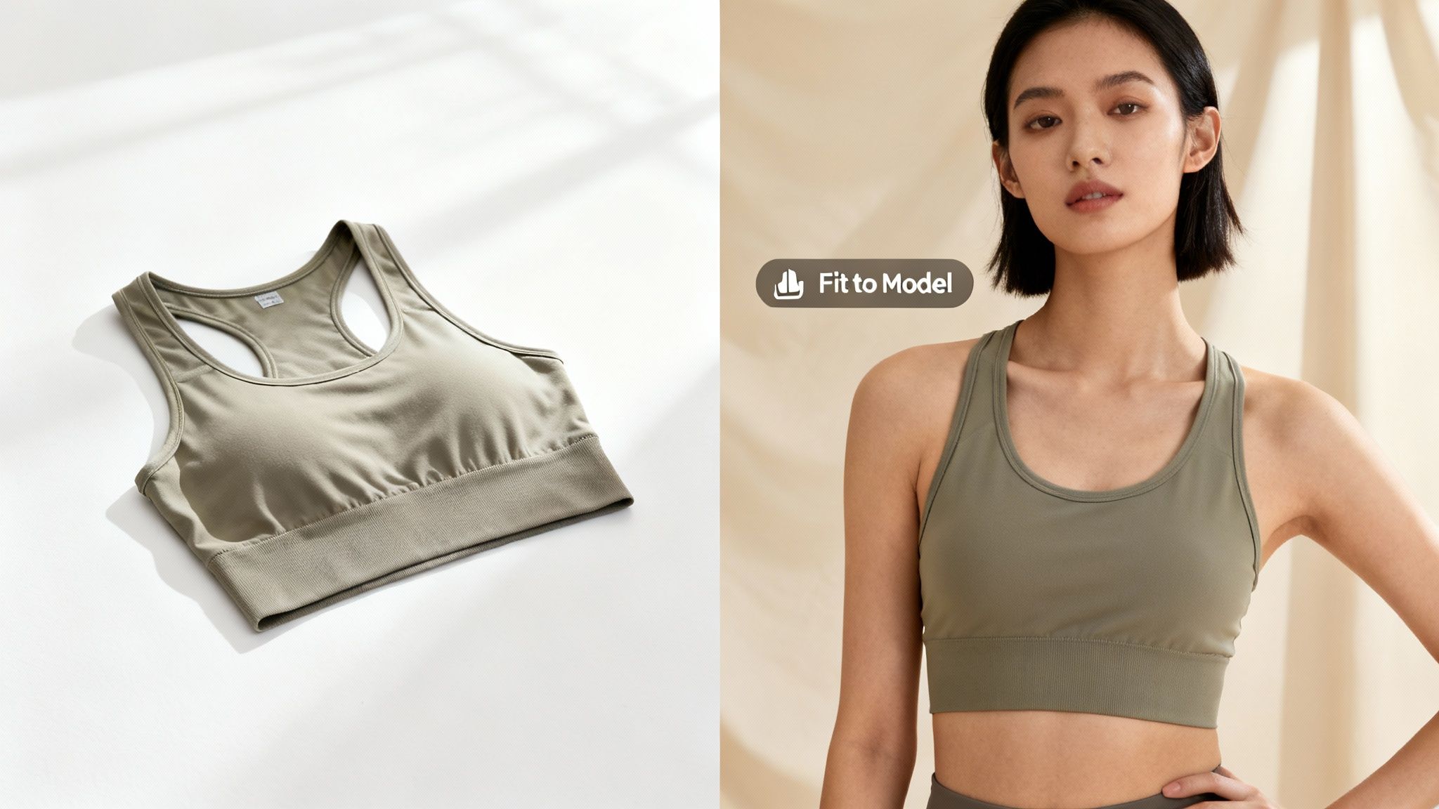A sage green sports bra displayed flat on a white surface and then worn by a model.