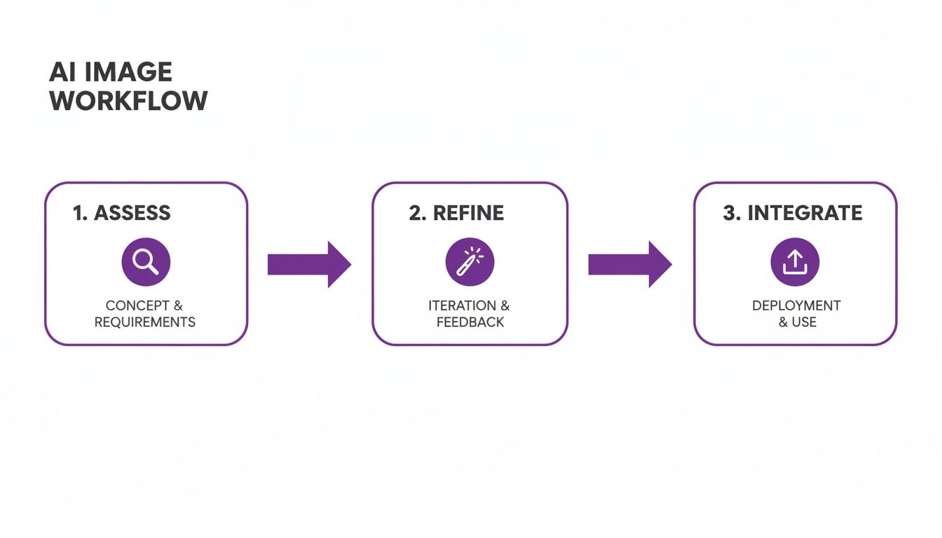 AI Image Workflow diagram illustrating three key steps: 1. Assess, 2. Refine, 3. Integrate.