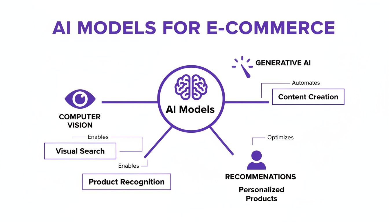 Infographic detailing AI models for e-commerce, including computer vision, generative AI, and recommendations.
