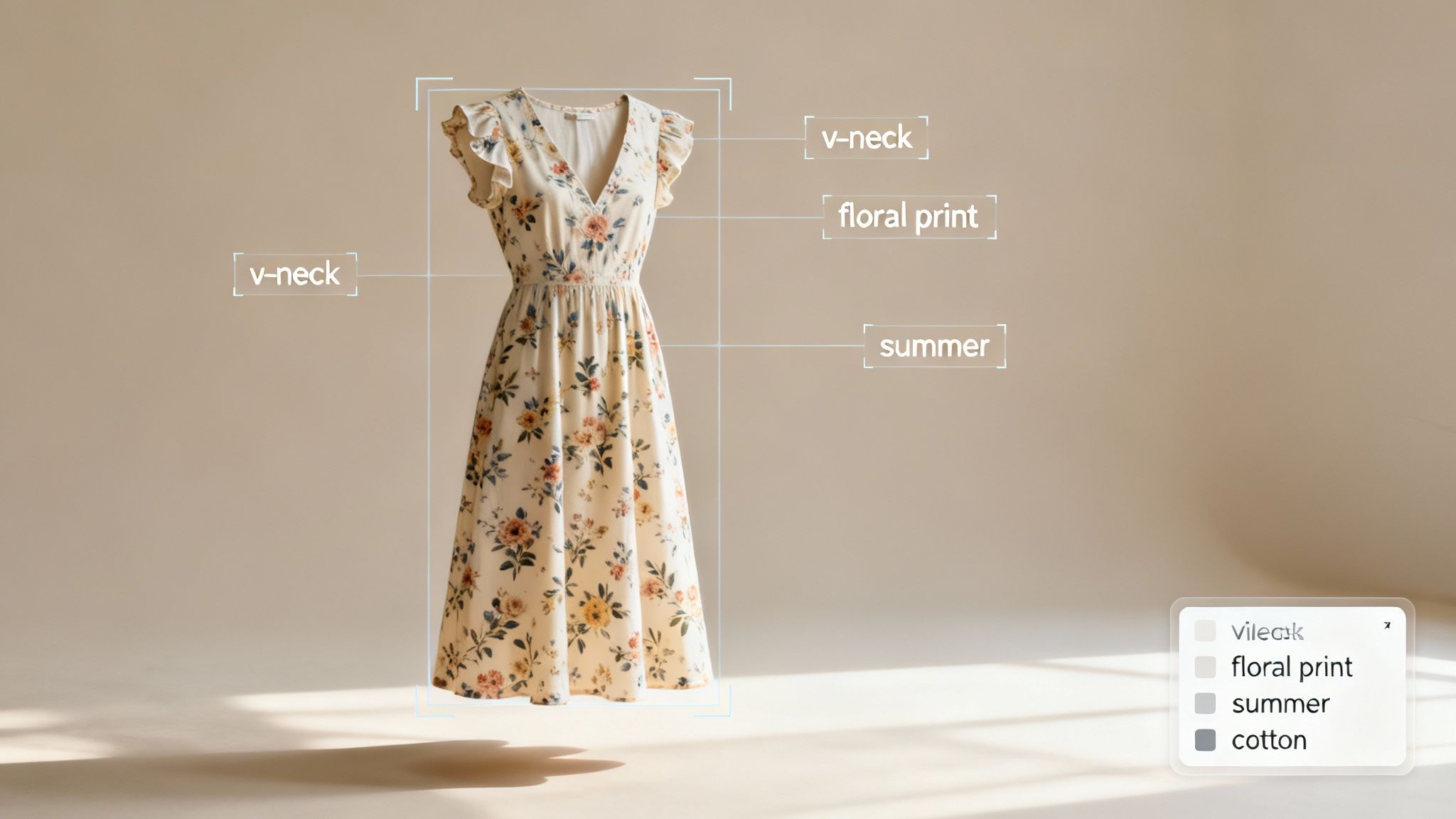 A light-colored V-neck floral print summer dress with ruffled sleeves displayed on a mannequin.