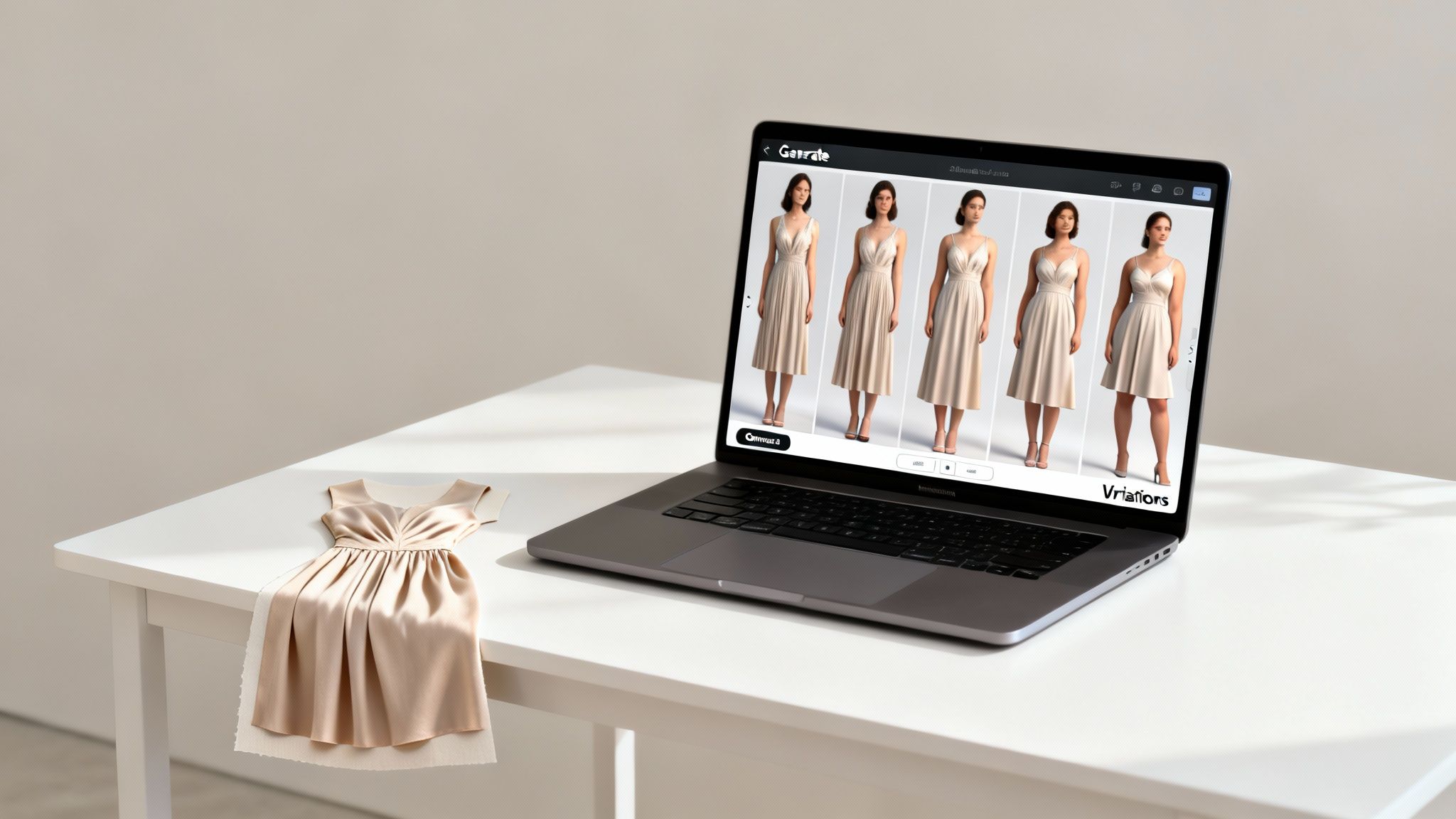 A laptop displays AI-generated fashion models wearing dresses, alongside a physical dress sample on a white table.