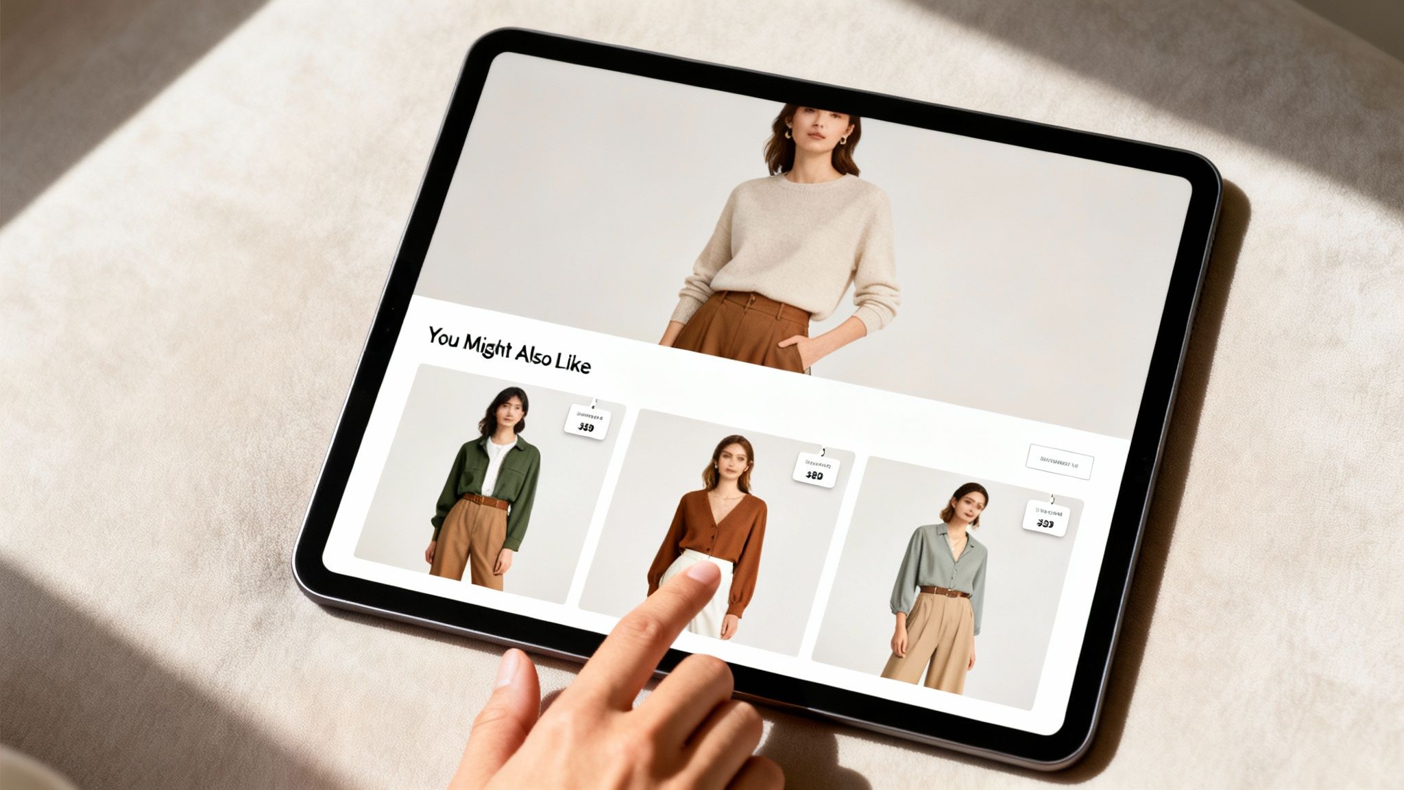 A hand taps a tablet displaying an e-commerce clothing site with recommended outfits for shopping.