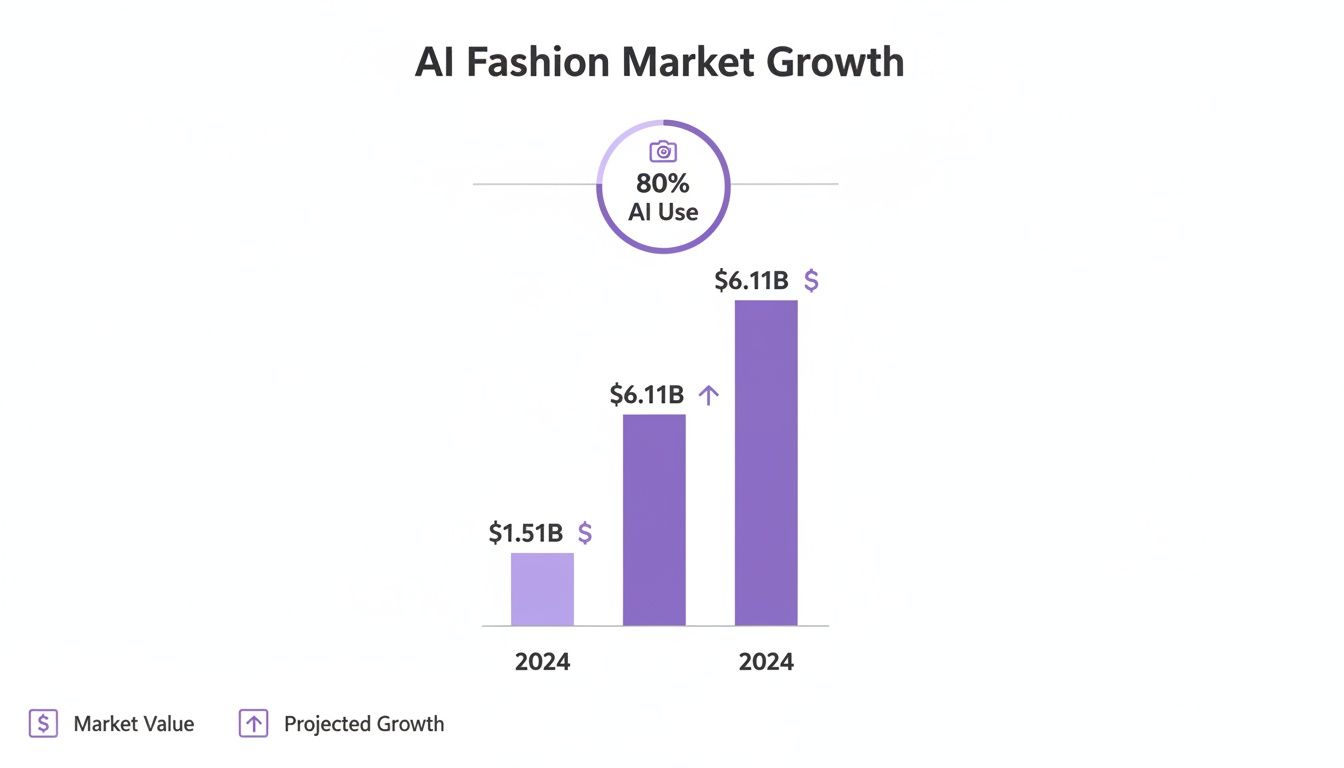 Bar chart showing AI fashion market growth from $1.51B to $6.11B in 2024, with 80% AI use.