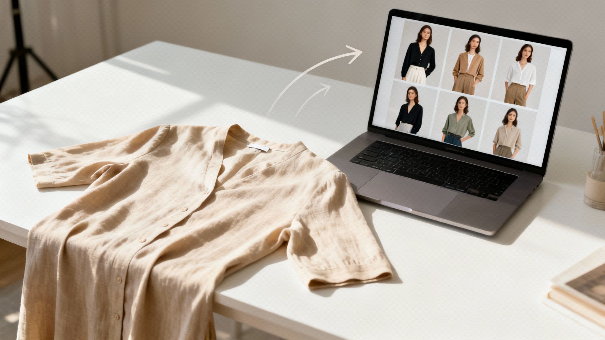 A beige linen shirt next to a laptop showing virtual fashion models wearing similar outfits.