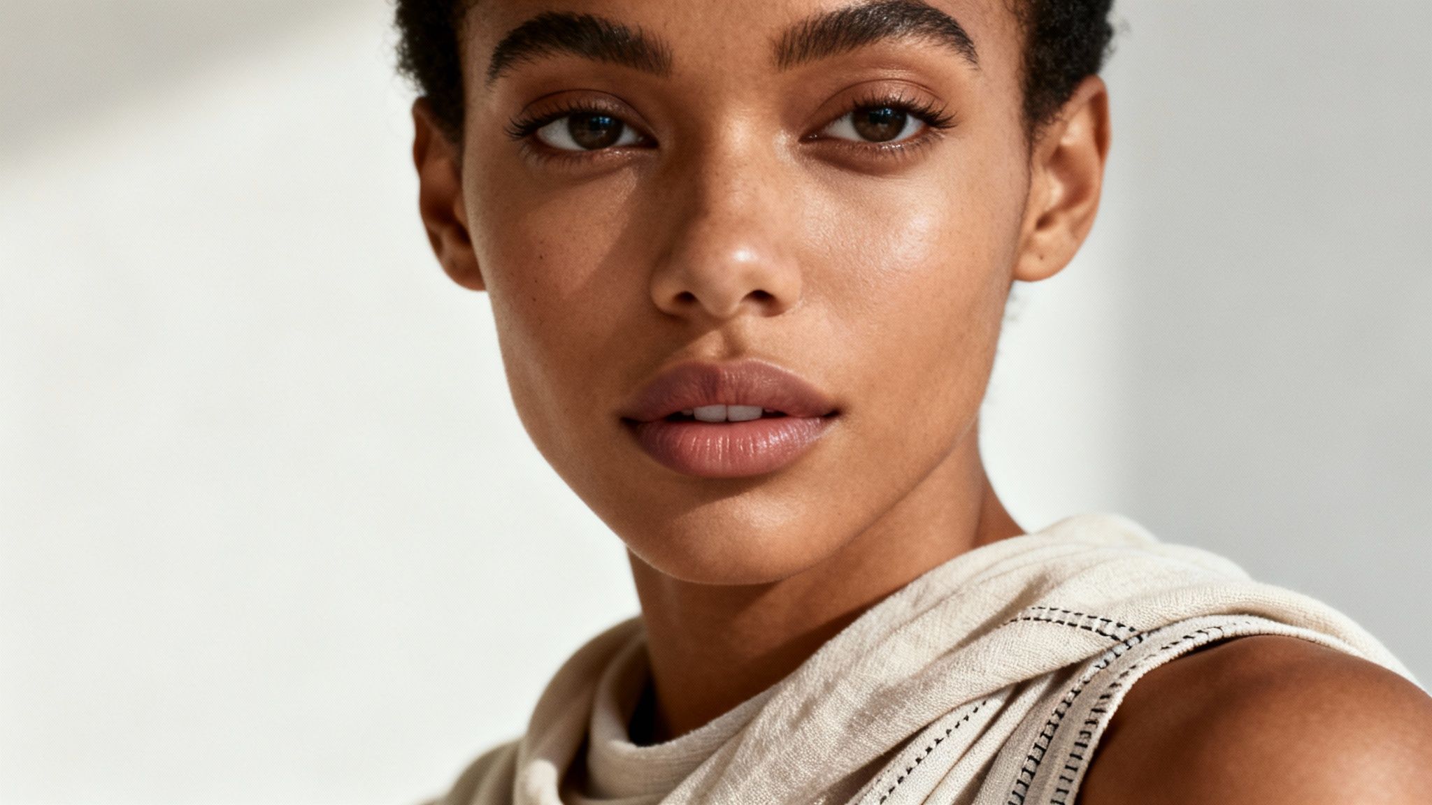 Close-up portrait of a beautiful woman with glowing skin and natural makeup, wearing a light fabric.