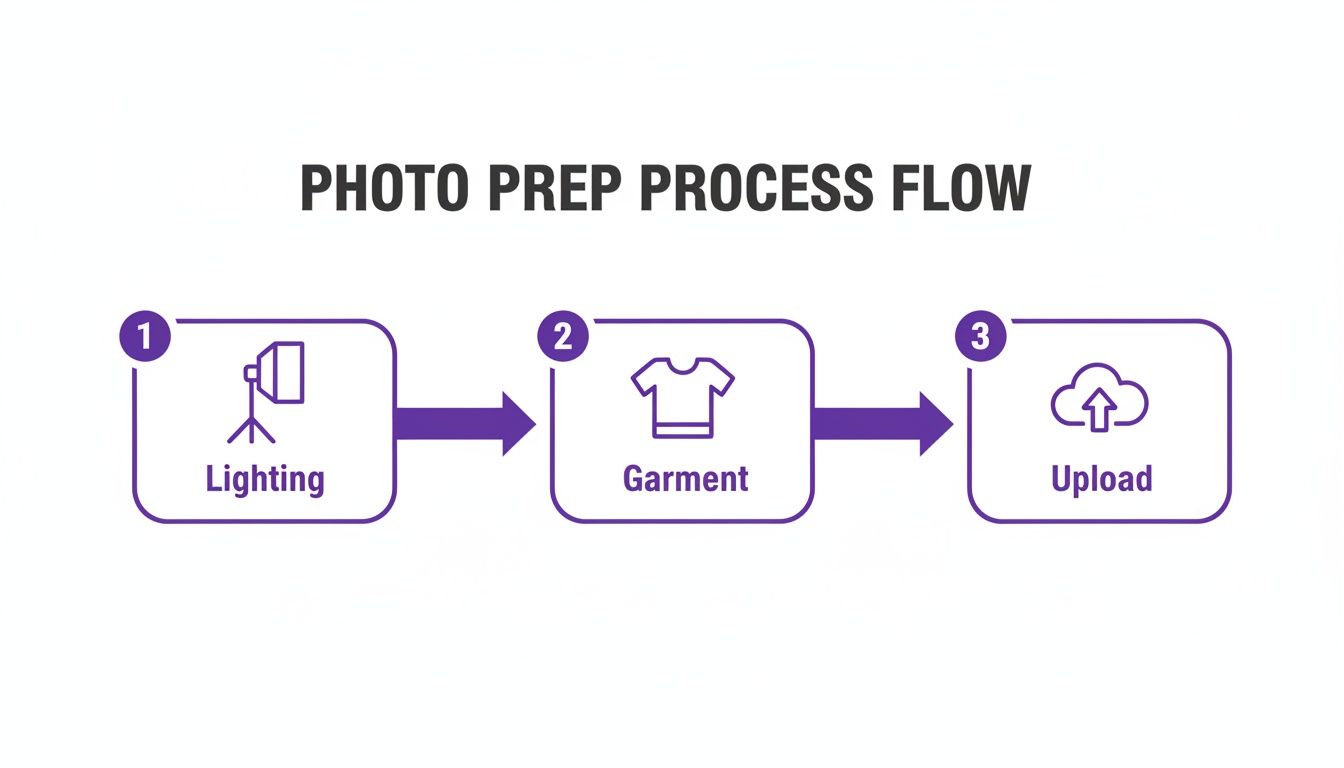 A three-step photo preparation process flow diagram showing lighting, garment, and upload steps.