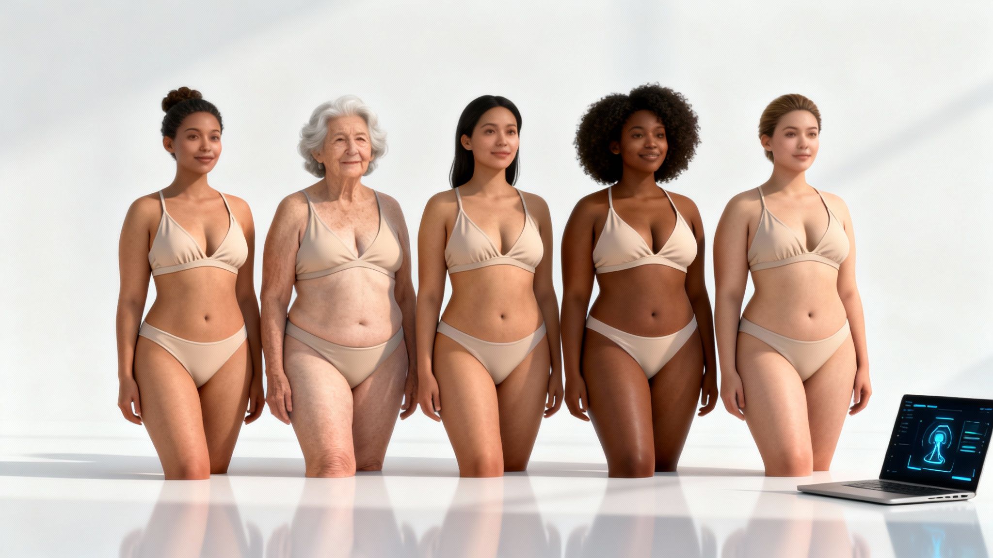 AI-generated diverse women in swimsuits showcasing different body types next to a laptop.