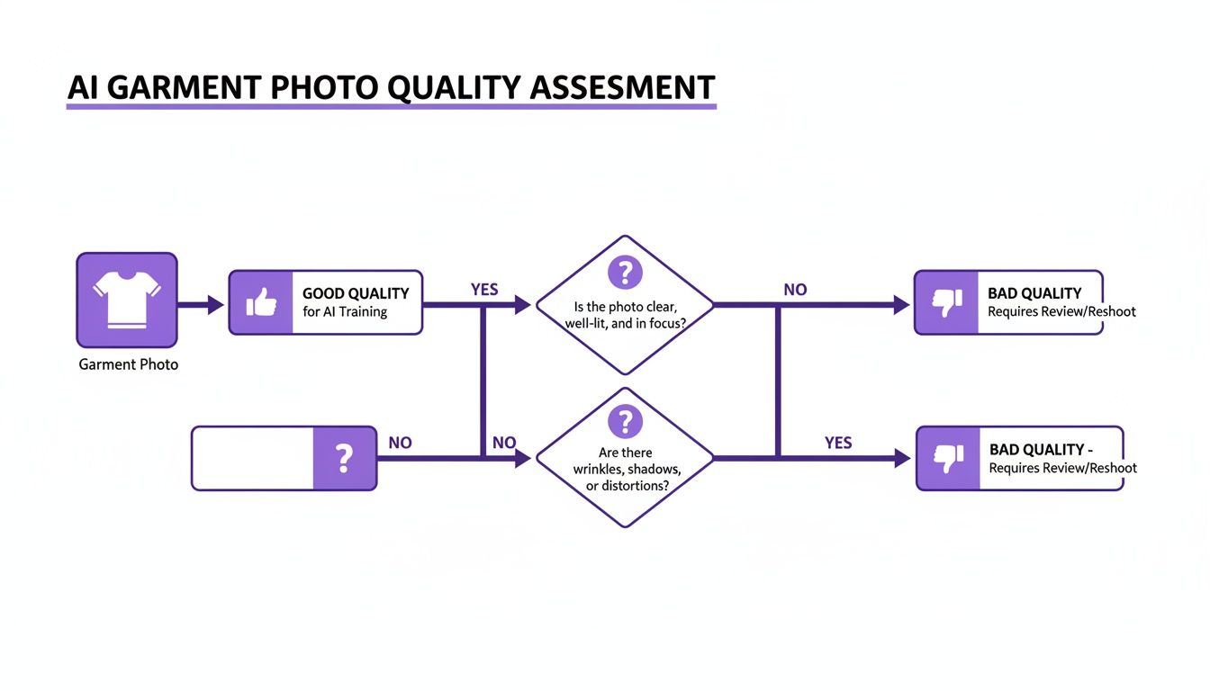 Flowchart illustrating AI garment photo quality assessment, evaluating photos for clarity, focus, wrinkles, shadows, and distortions.
